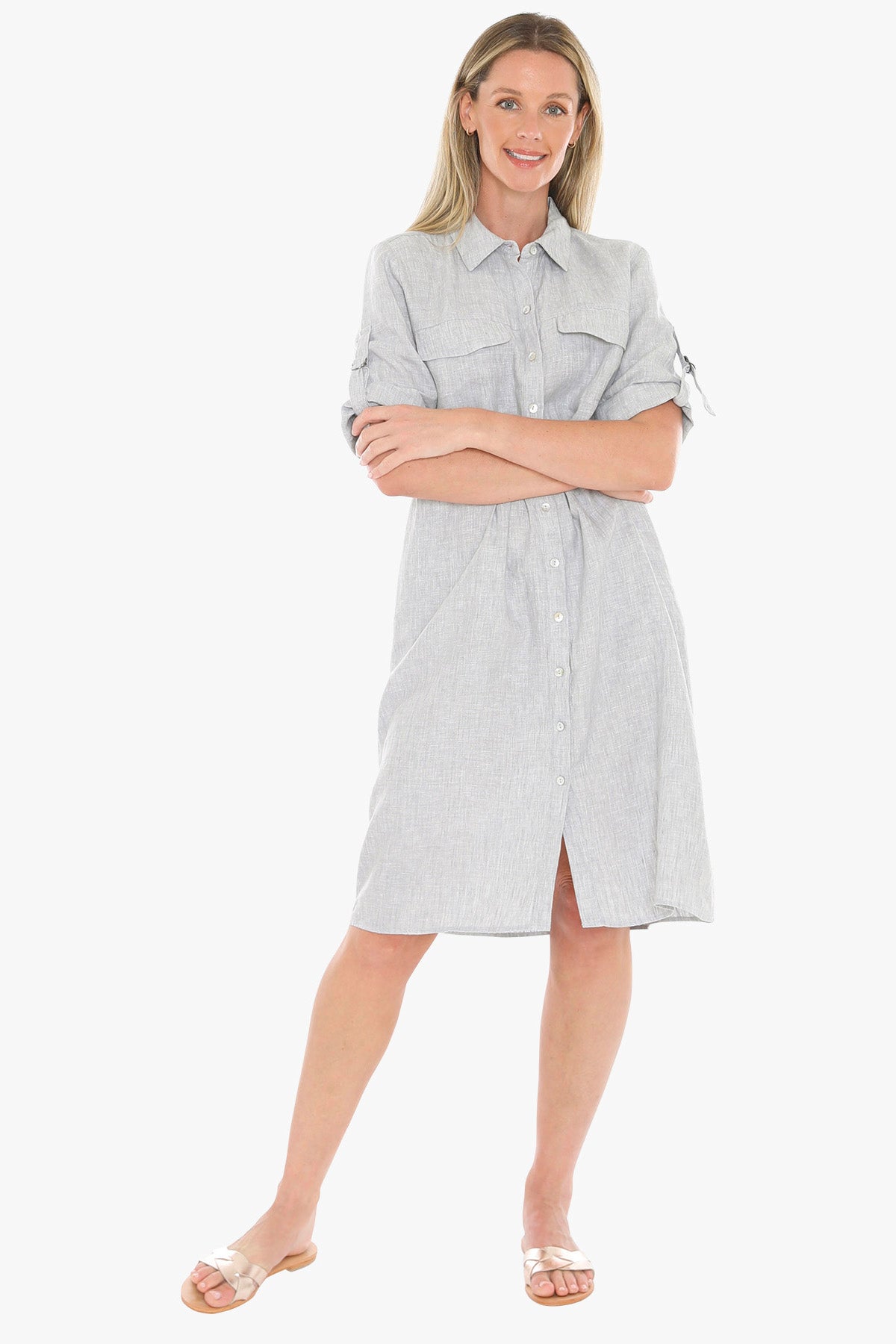 Jump Linen Collared Pocket Shirt Dress – Silver