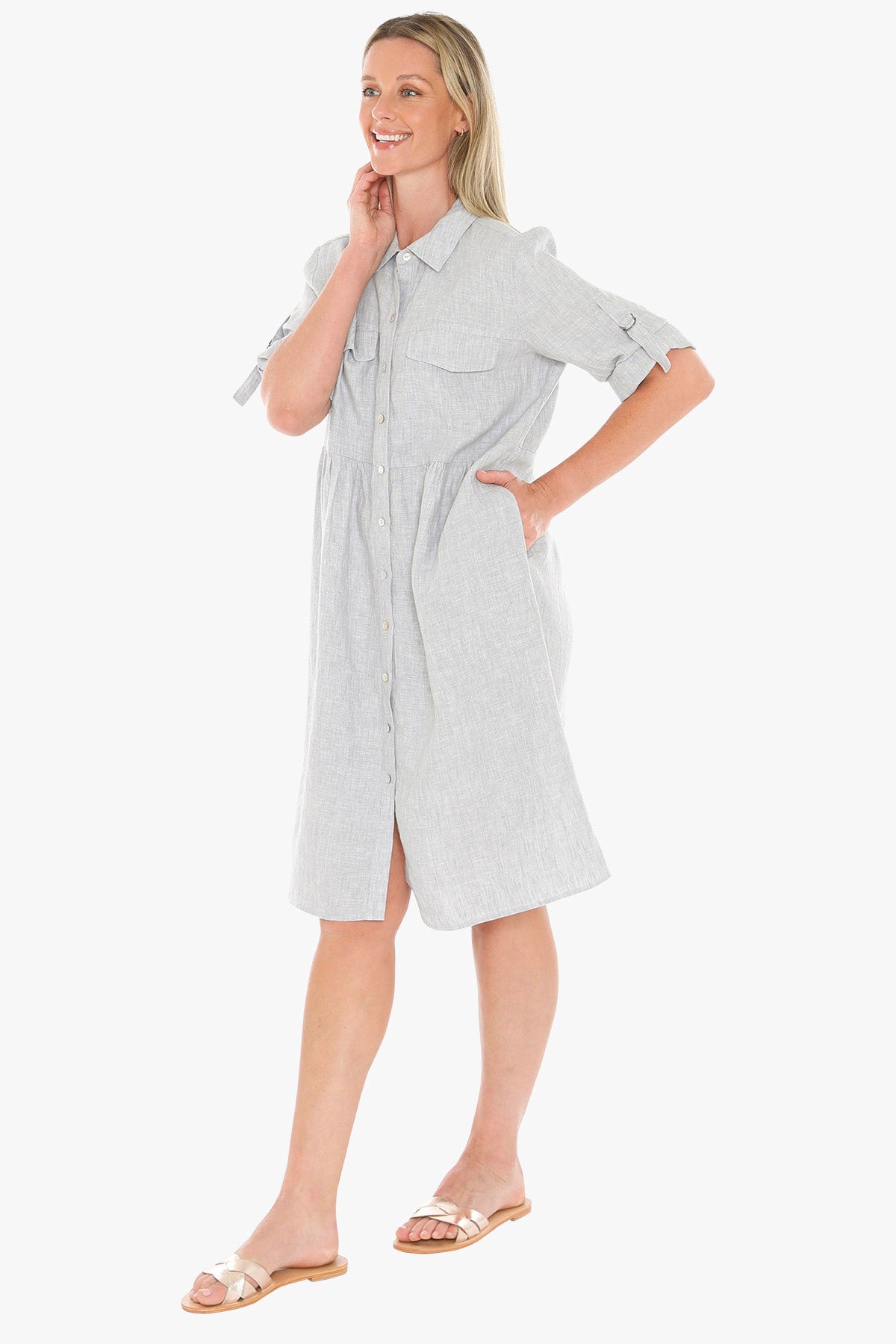 Jump Linen Collared Pocket Shirt Dress – Silver