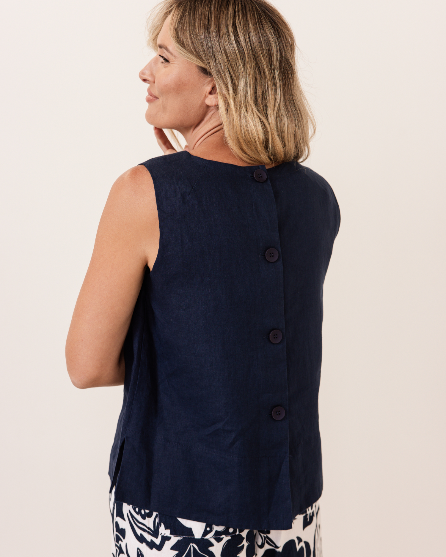 See Saw Sleeveless Button Back Top - Navy