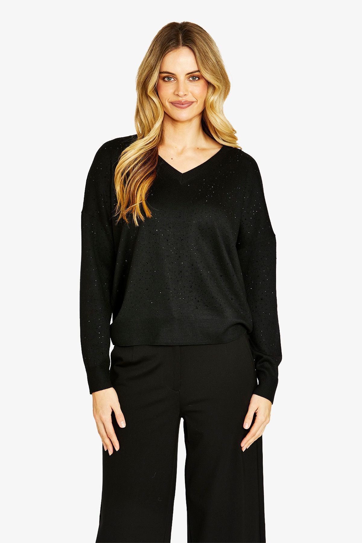 Ping Pong Diamonte V-Neck Pullover - Black