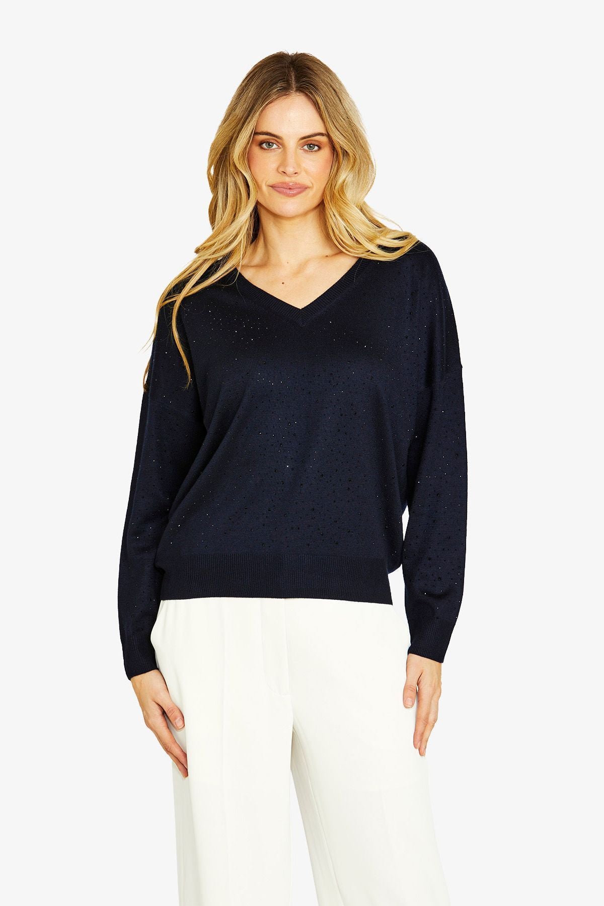 Ping Pong Diamonte V-Neck Pullover -Navy