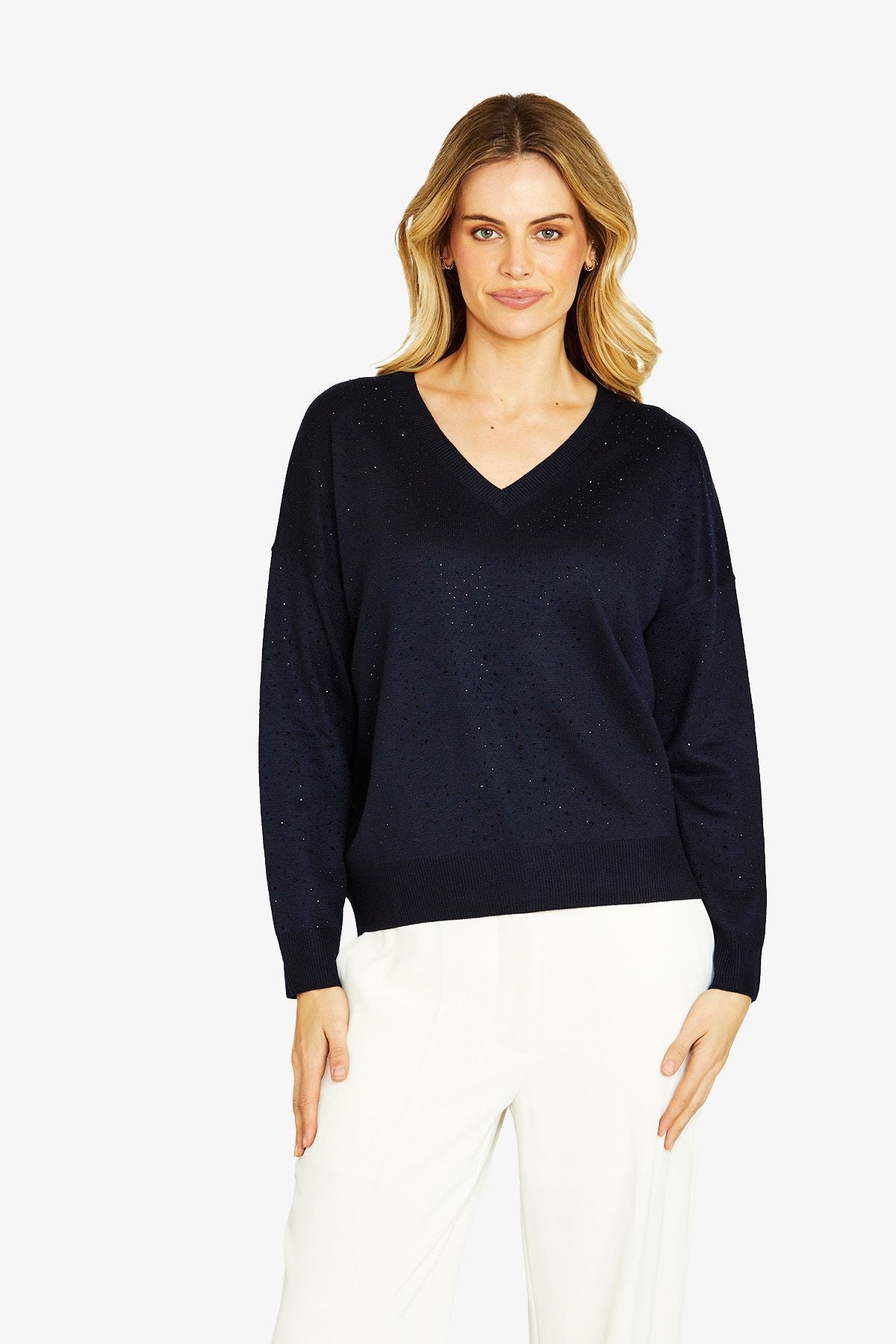 Ping Pong Diamonte V-Neck Pullover -Navy