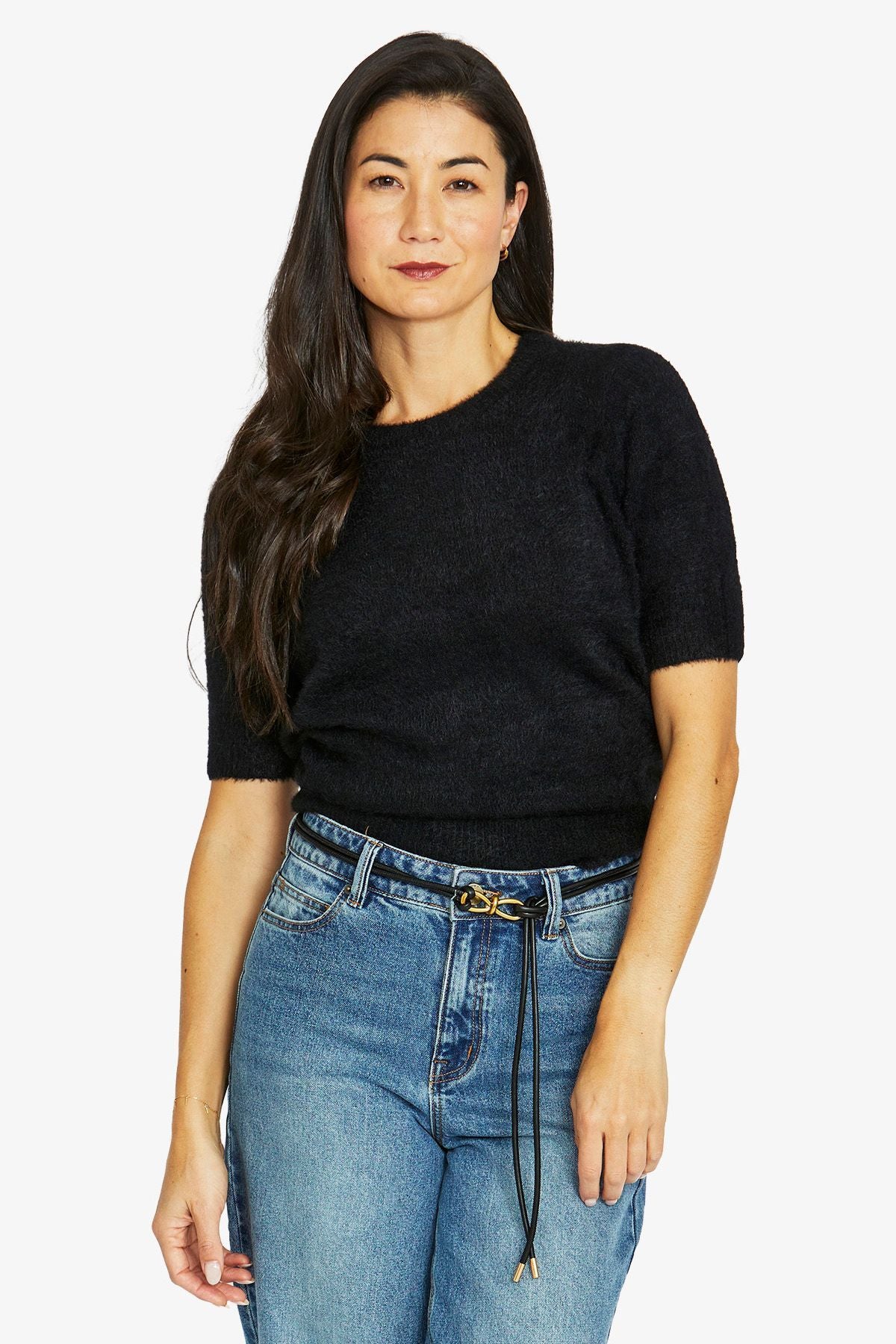 Jump fluffy Short Sleeve Crew Knit Top - Black