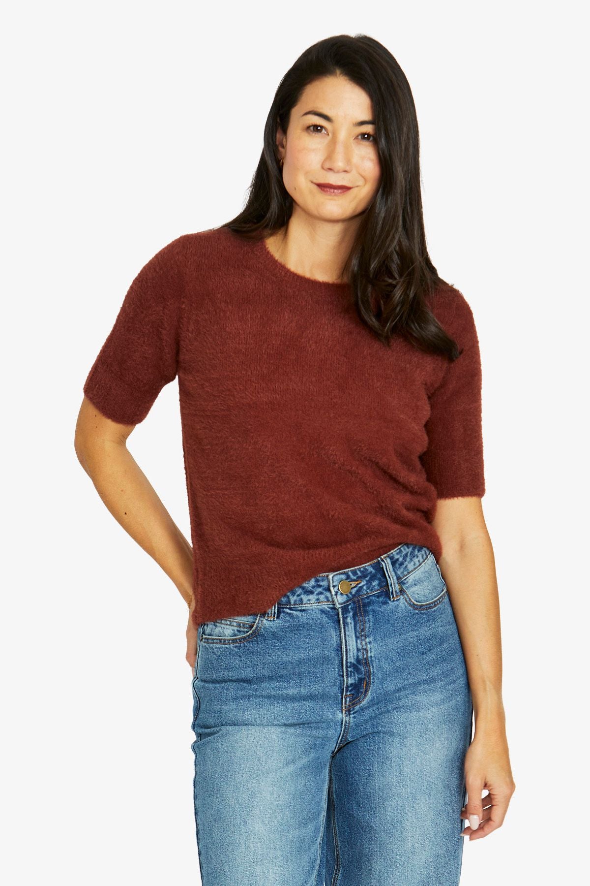 Jump fluffy Short Sleeve Crew Knit Top - Russet