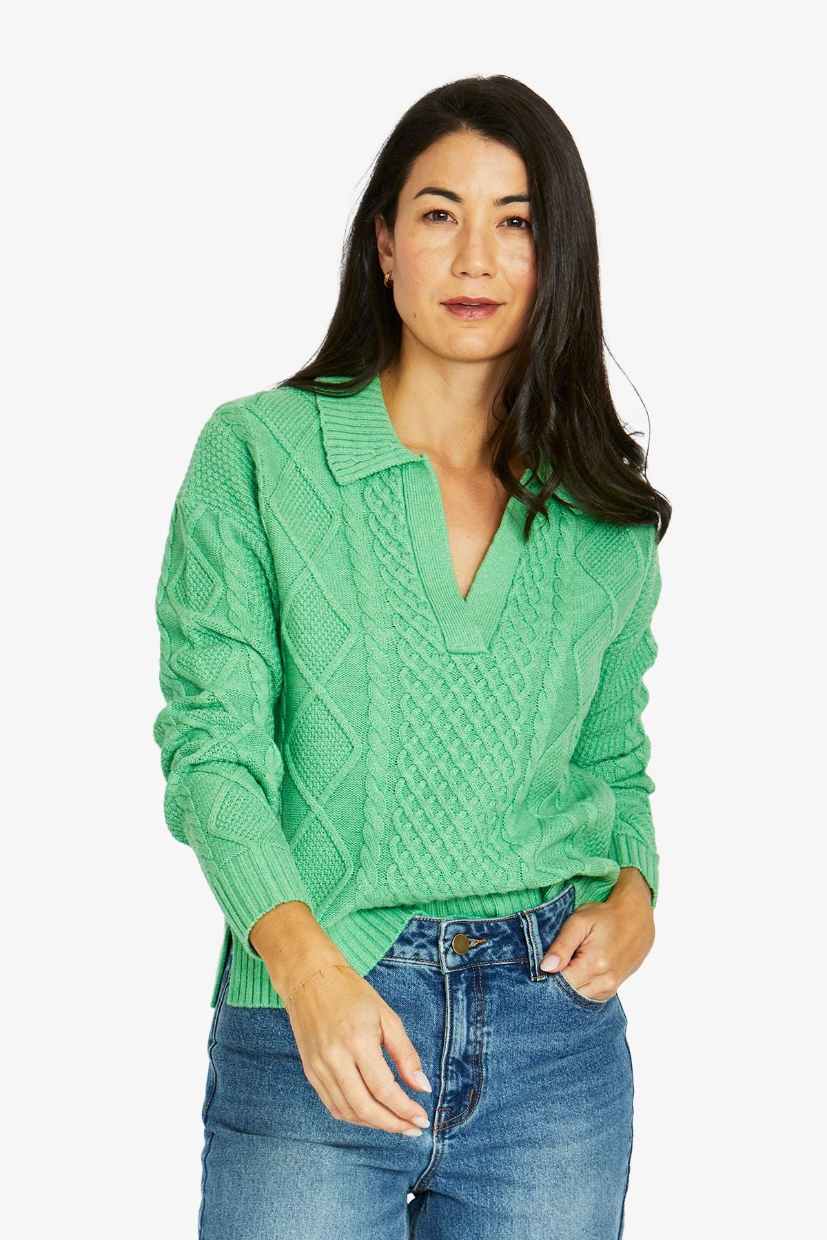 Jump Collar Pattern Pullover - Green Tea Mar