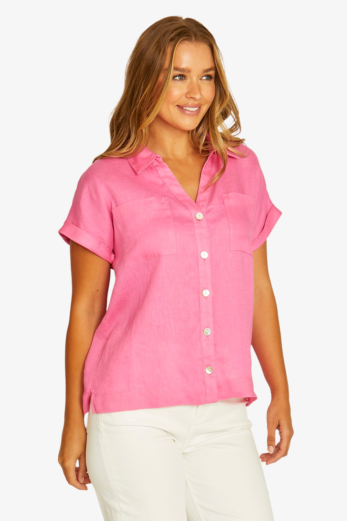 Jump Open Neck Short Sleeve Shirt - Hot Pink
