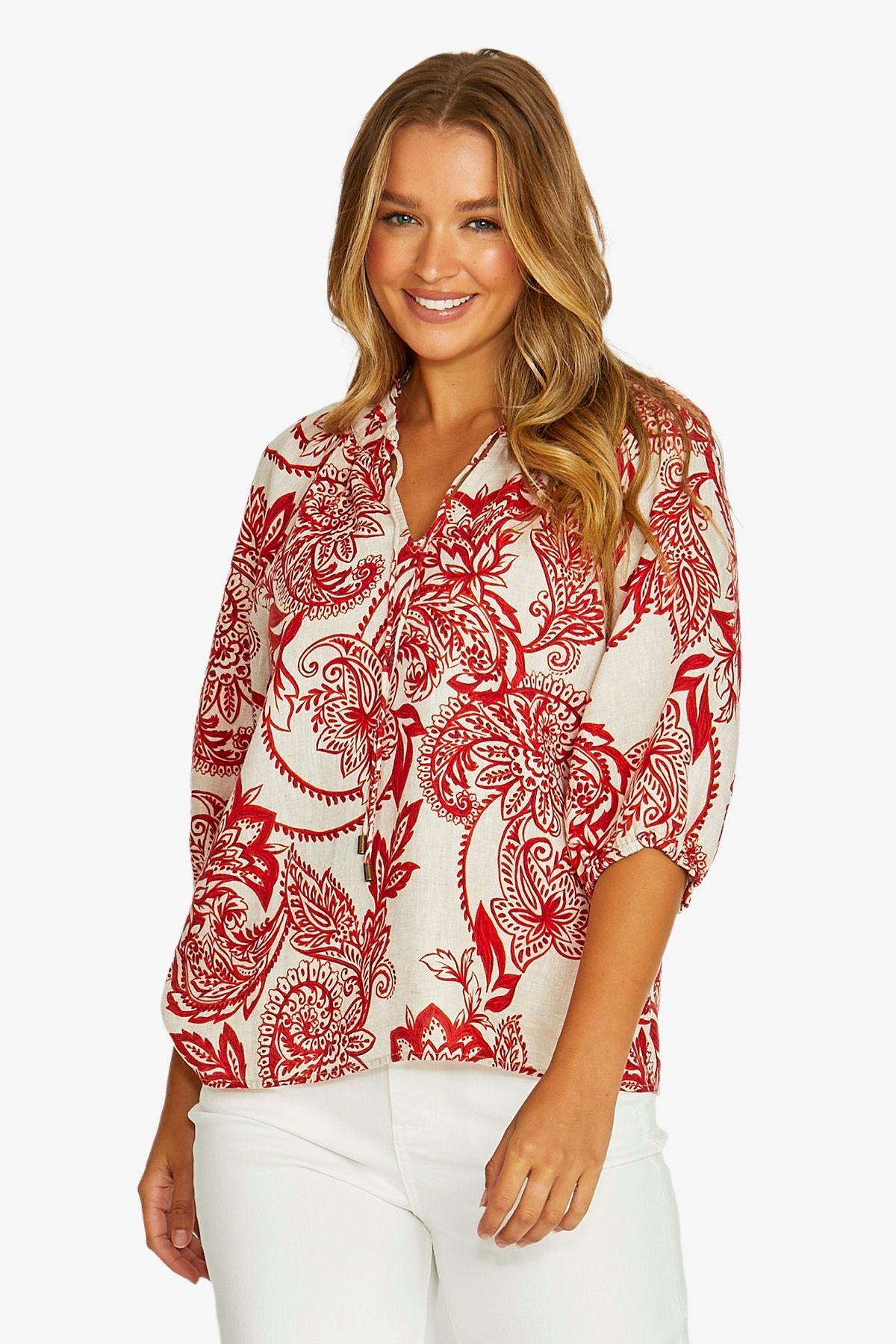 Jump Bohemia Ruffle Neck Top - Red/Flax