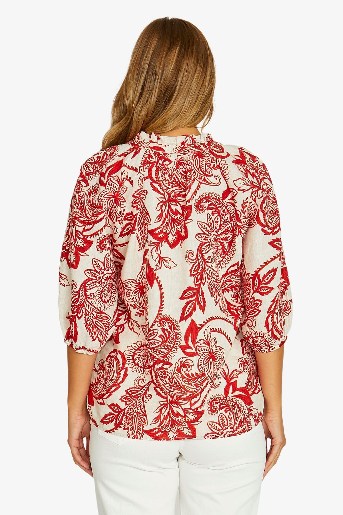 Jump Bohemia Ruffle Neck Top - Red/Flax