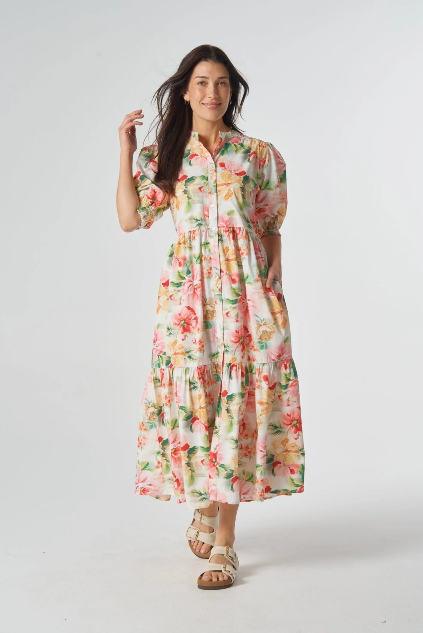 Goondiwindi Cotton Puff Sleeve Button Through Cotton Dress - Blurred Floral