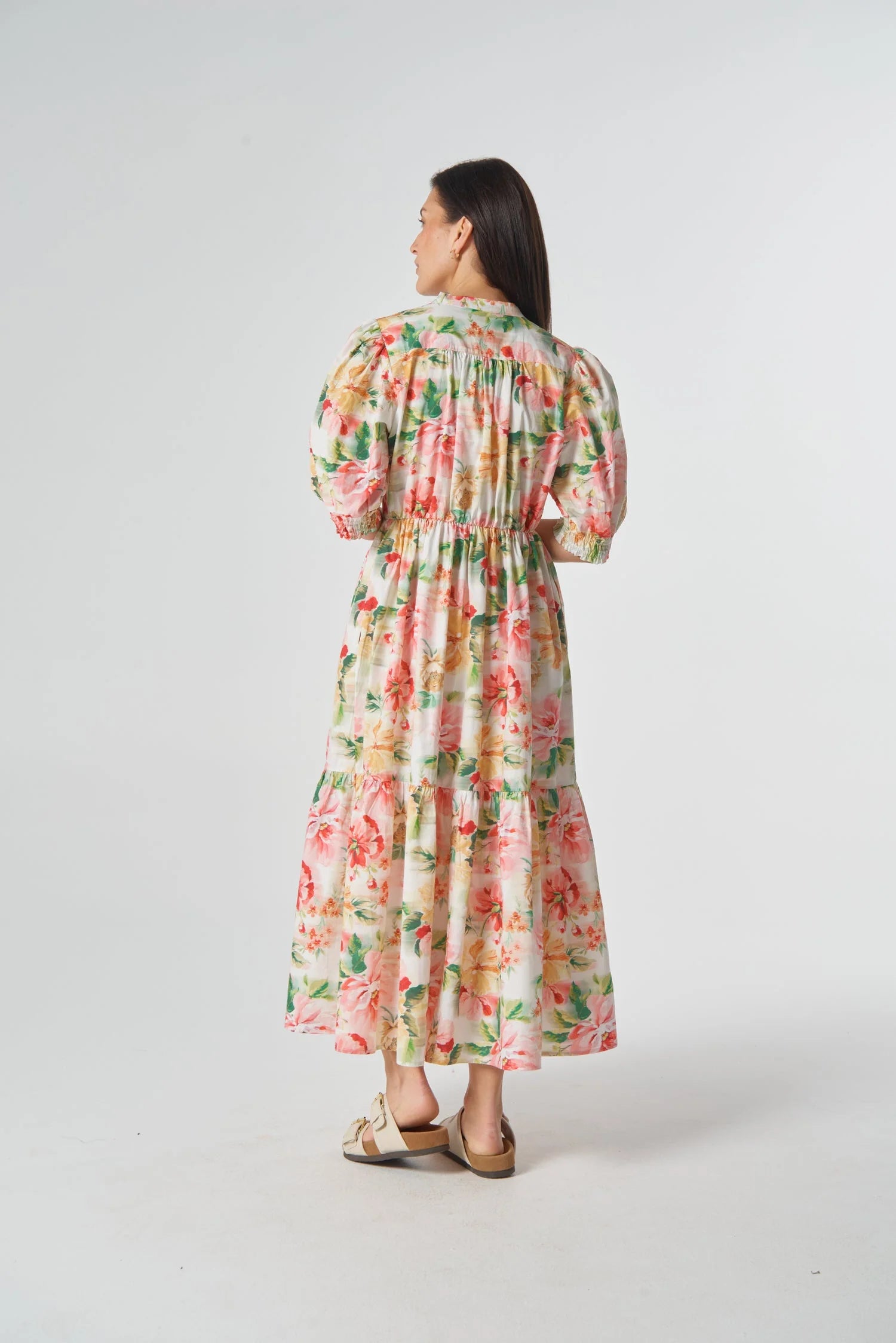 Goondiwindi Cotton Puff Sleeve Button Through Cotton Dress - Blurred Floral