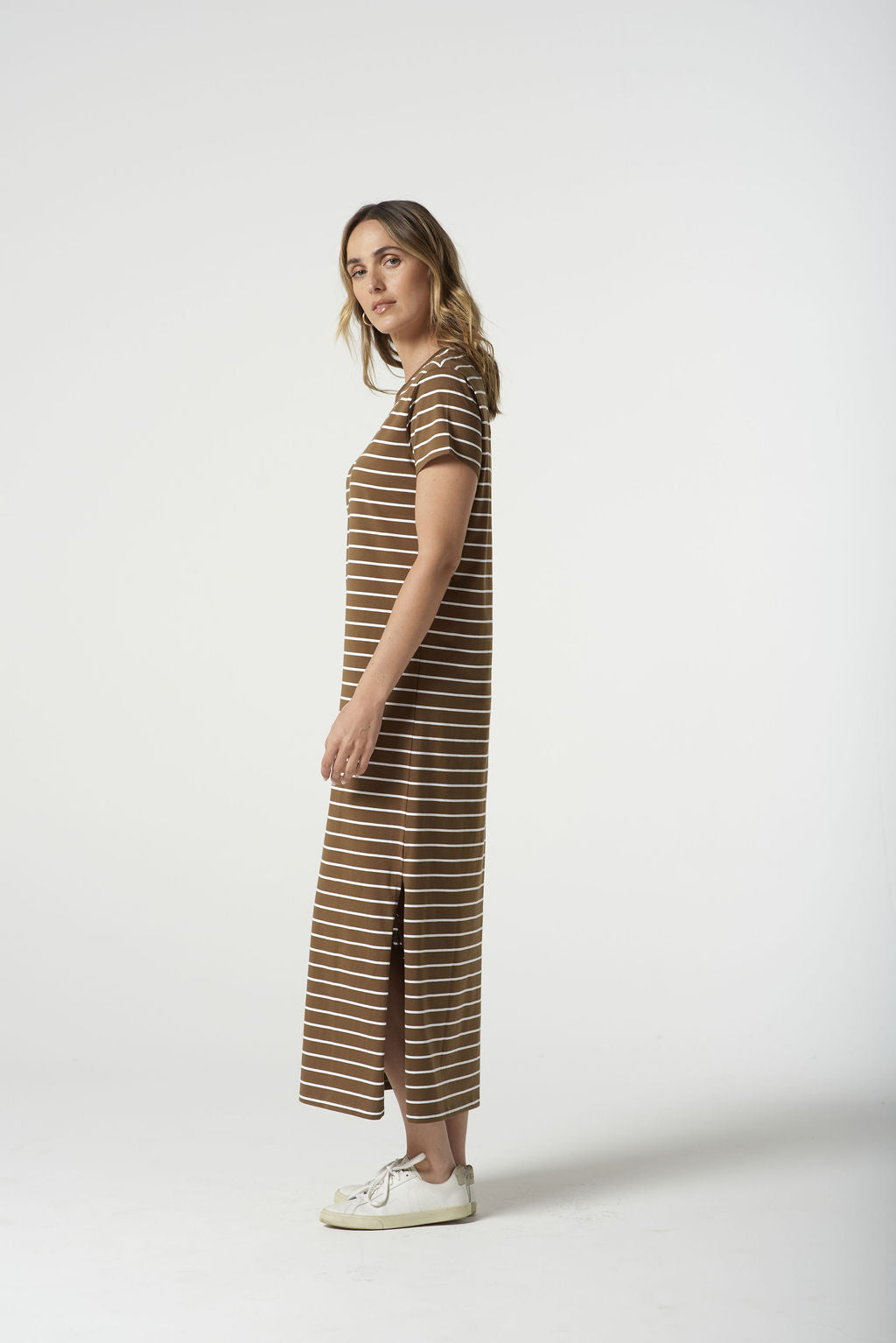 Goondiwindi Cotton Stripe Maxi T-Shirt Dress - White/Otter