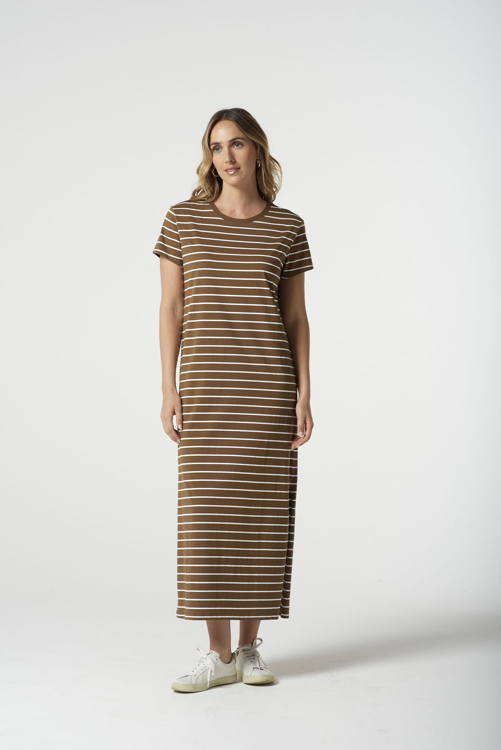 Goondiwindi Cotton Stripe Maxi T-Shirt Dress - White/Otter