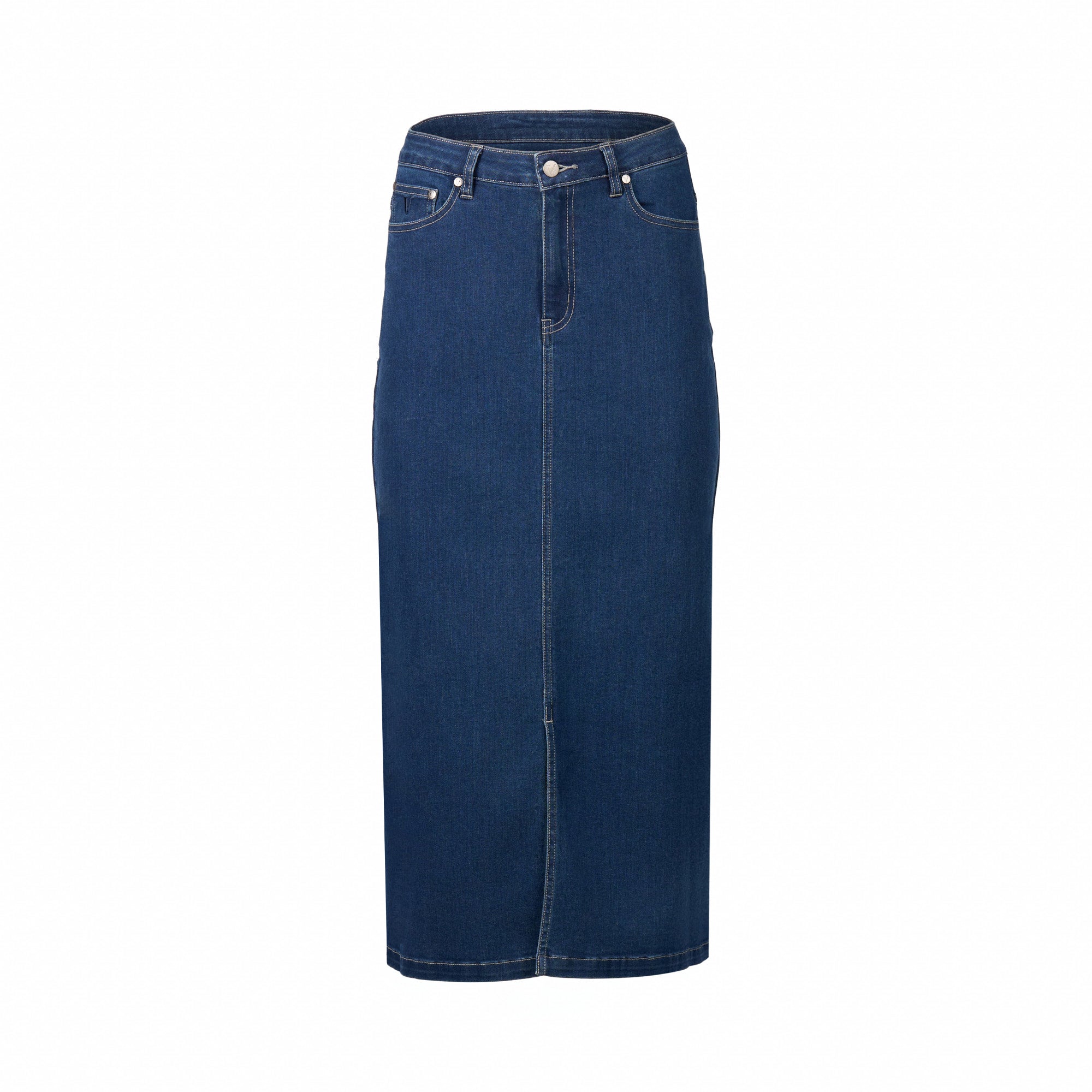 Vassalli Mid Length Skirt with Centre Front Split - Blue Denim