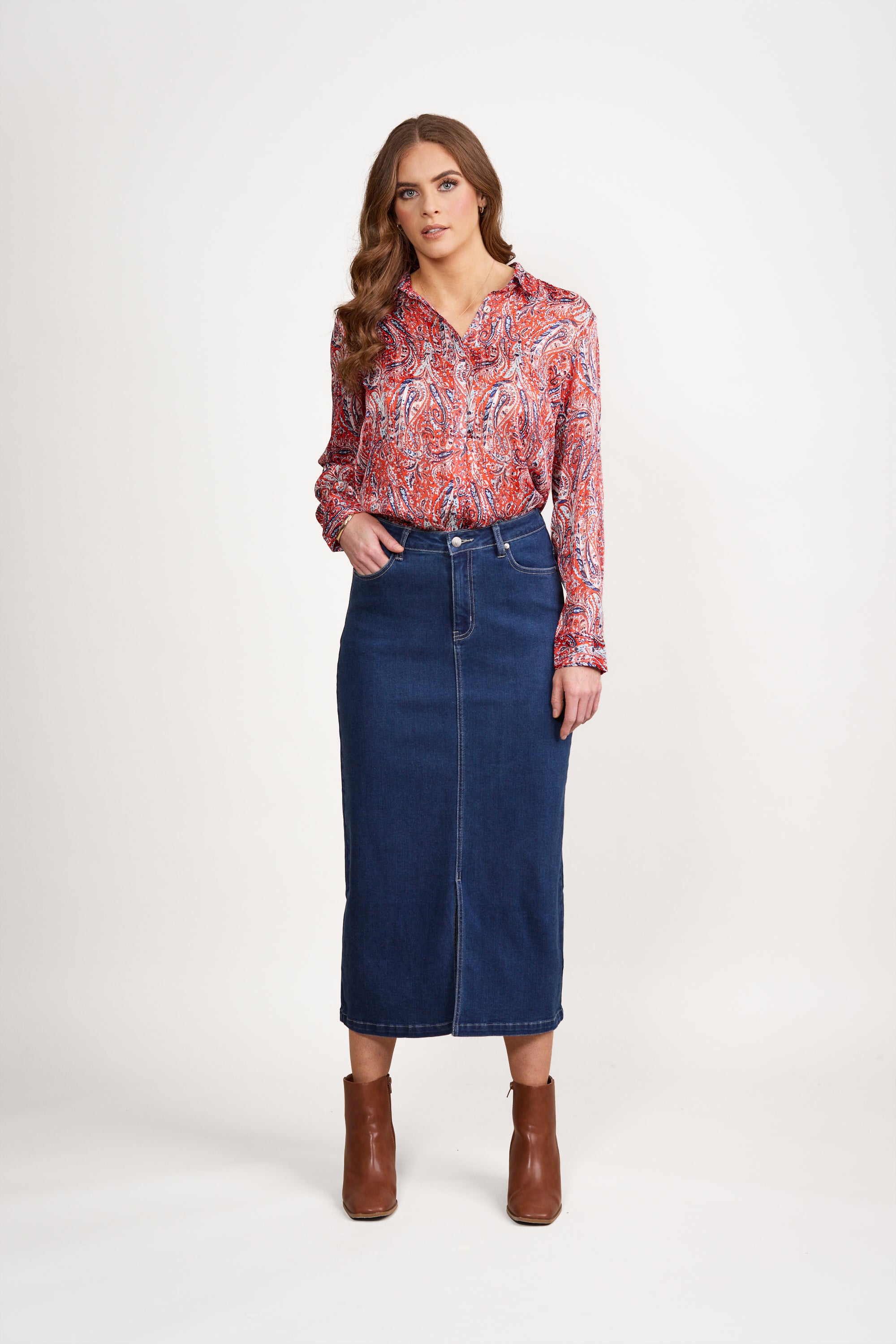 Vassalli Mid Length Skirt with Centre Front Split - Blue Denim