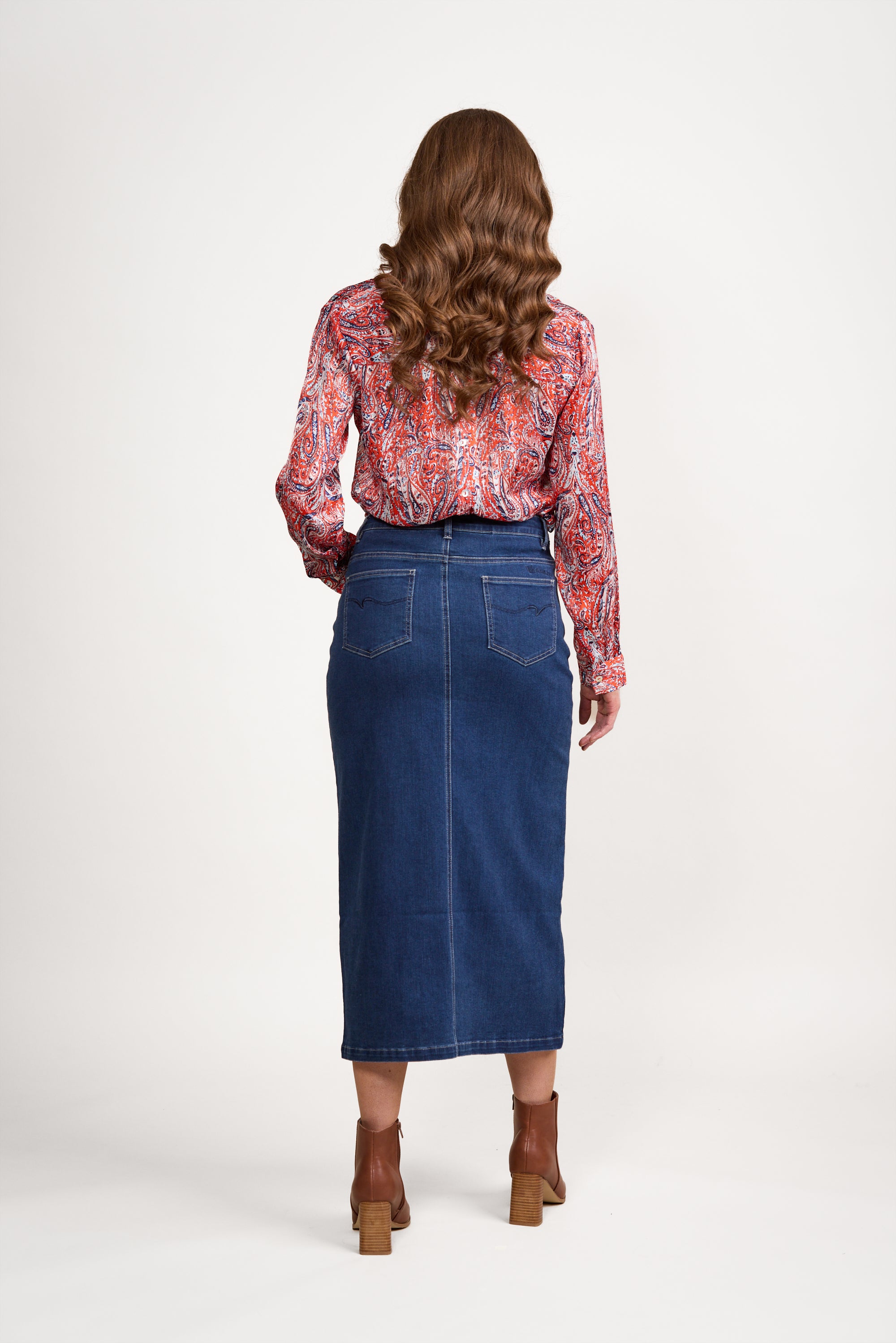 Vassalli Mid Length Skirt with Centre Front Split - Blue Denim
