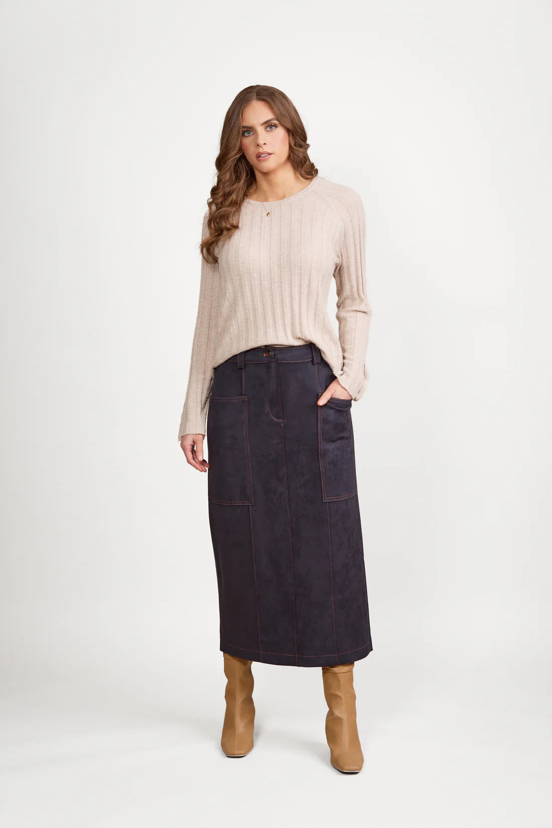 Vassalli Mid Length Skirt with Contrast Stitch - Ink