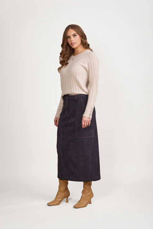 Vassalli Mid Length Skirt with Contrast Stitch - Ink
