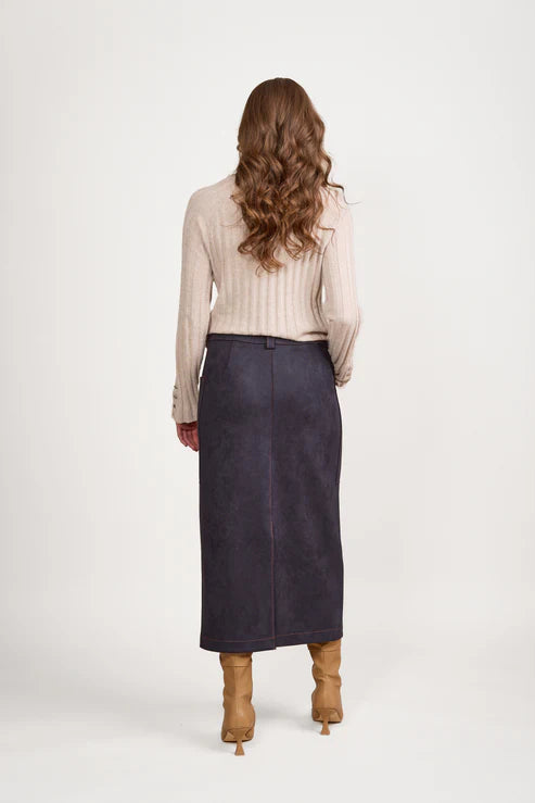 Vassalli Mid Length Skirt with Contrast Stitch - Ink