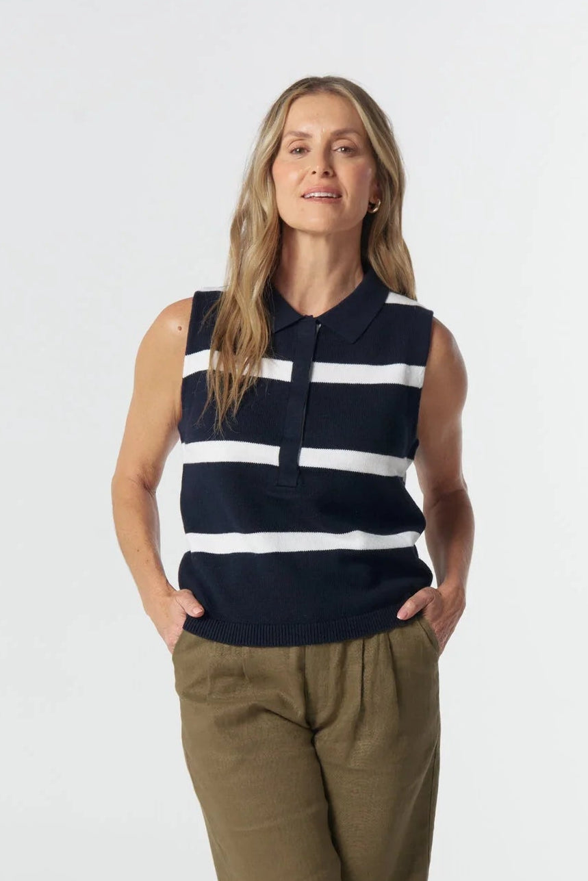 Goondiwindi Cotton Barley Cotton Knit Vest - Navy/White