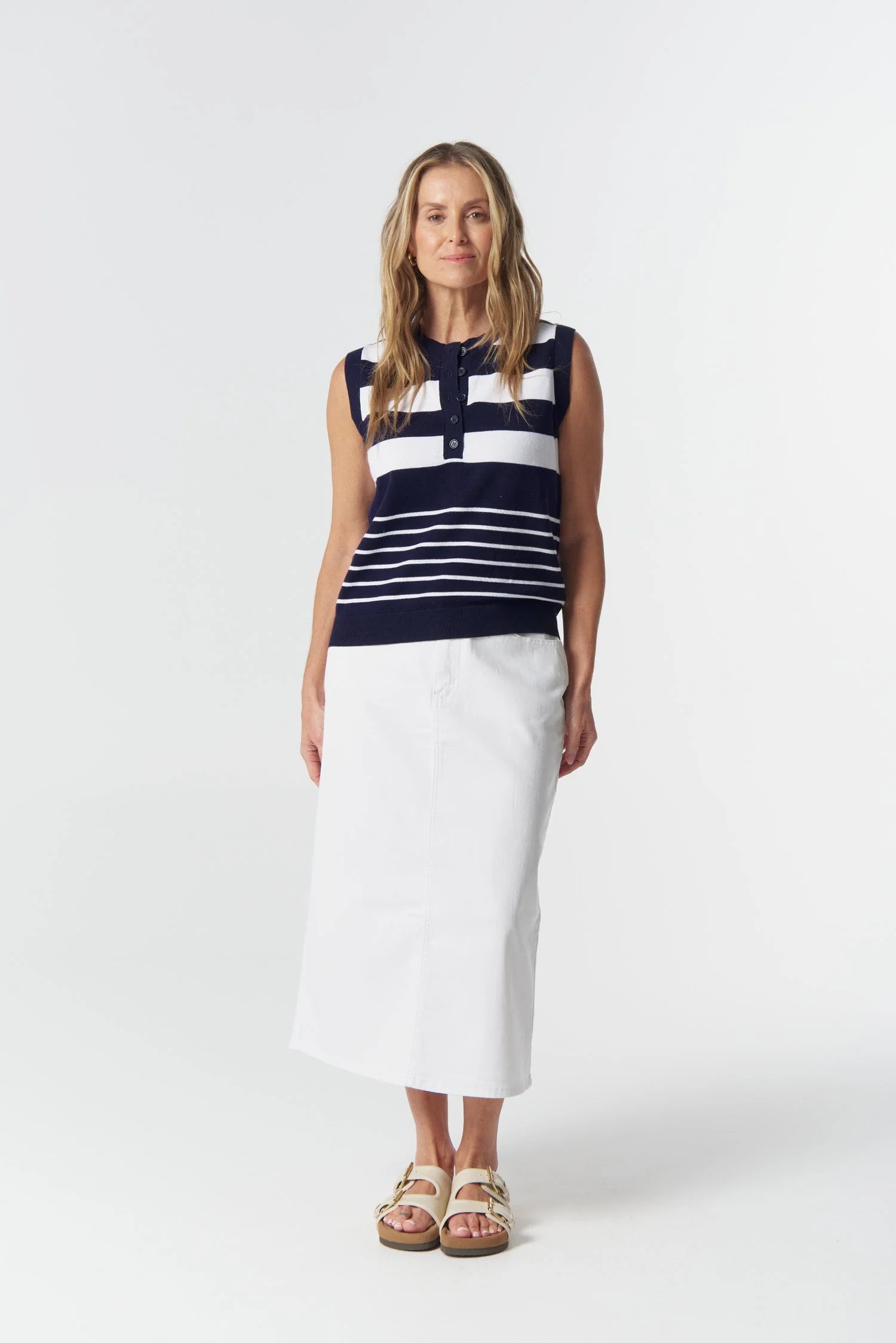 Goondiwindi Cotton Sungrain Cotton Knit Vest - Dark Navy/White