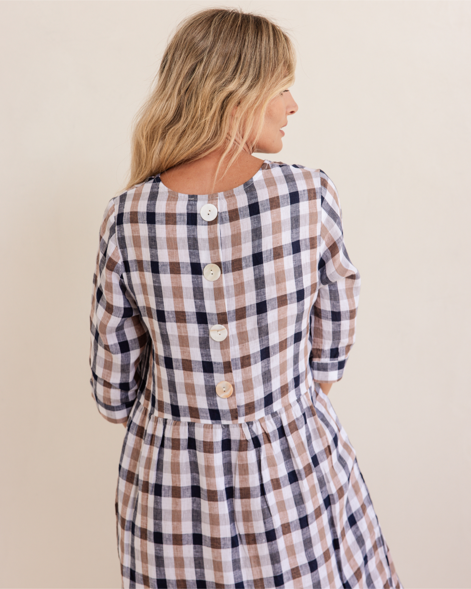 See Saw 3/4 Sleeve Button Back Dress - Navy/Bronze Check