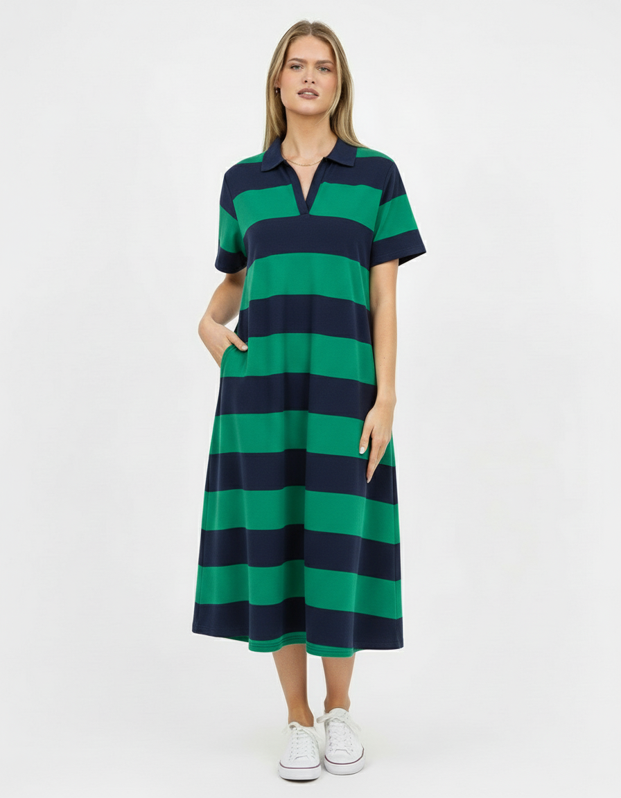 Liberty Rose Polo Stripe Dress - Green/Navy