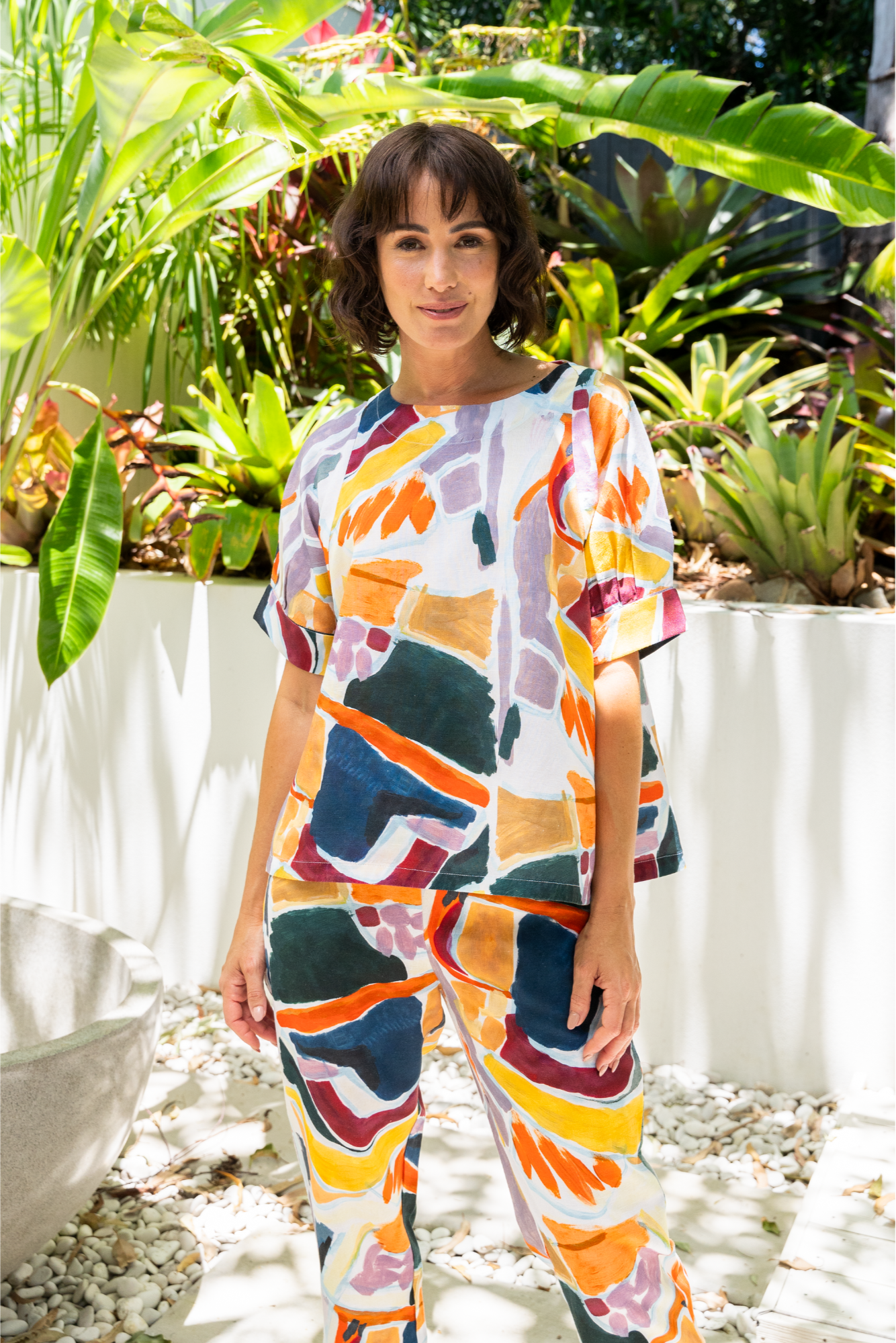 See Saw Cuff Sleeve Top - Abstract