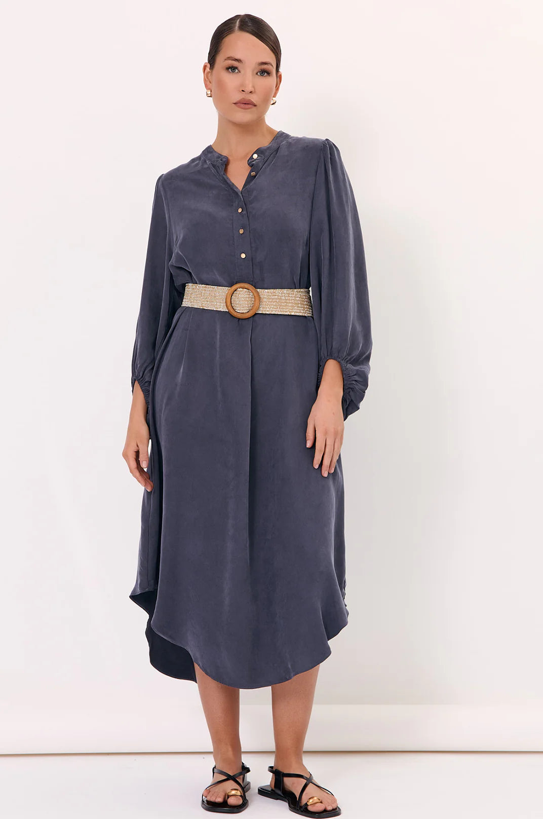 Adorne Round Buckle Metallic Thread Stretch Belt - Camel