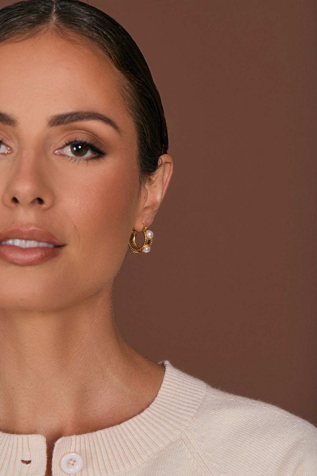 Adorne Faux Pearl Mini Hoops - Cream/Gold