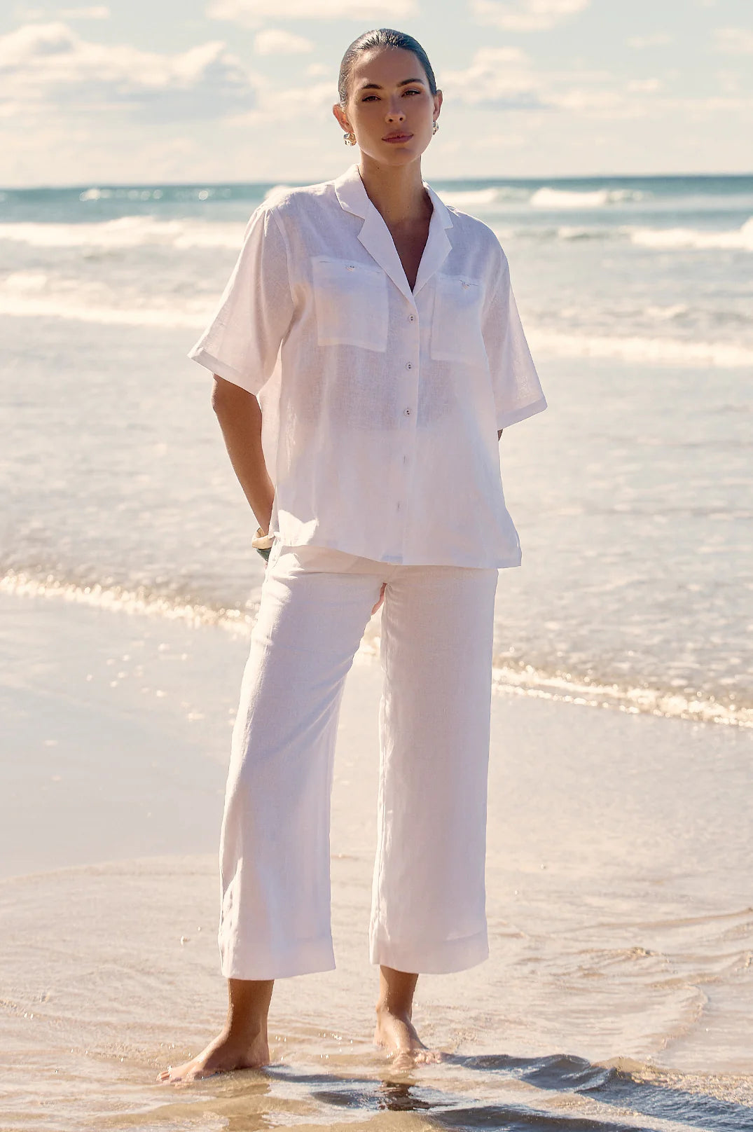 Adorne Nisha Cropped Lined Linen Pant - White