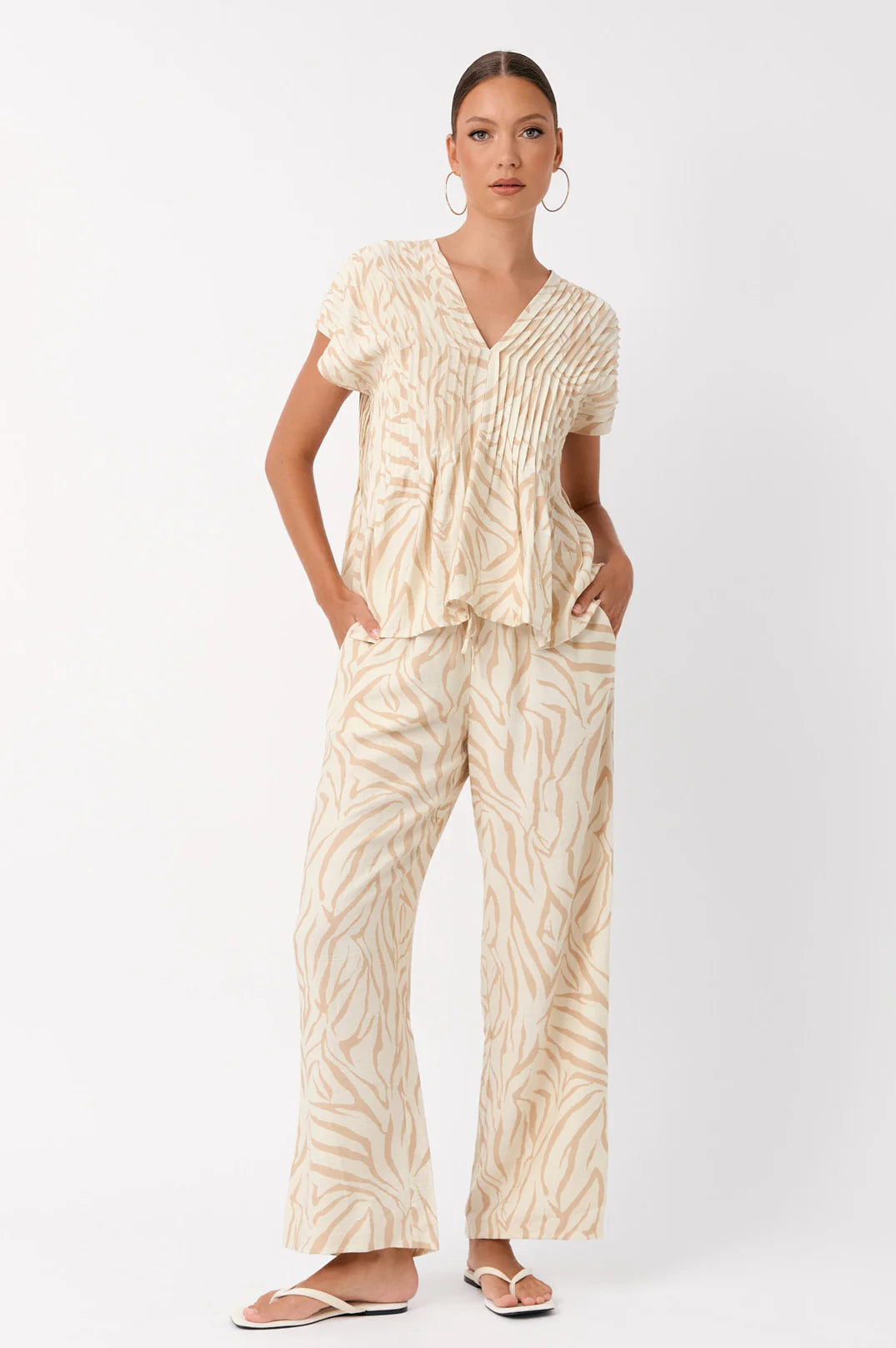 Adorne Dani Zebra Pleated Top - Camel