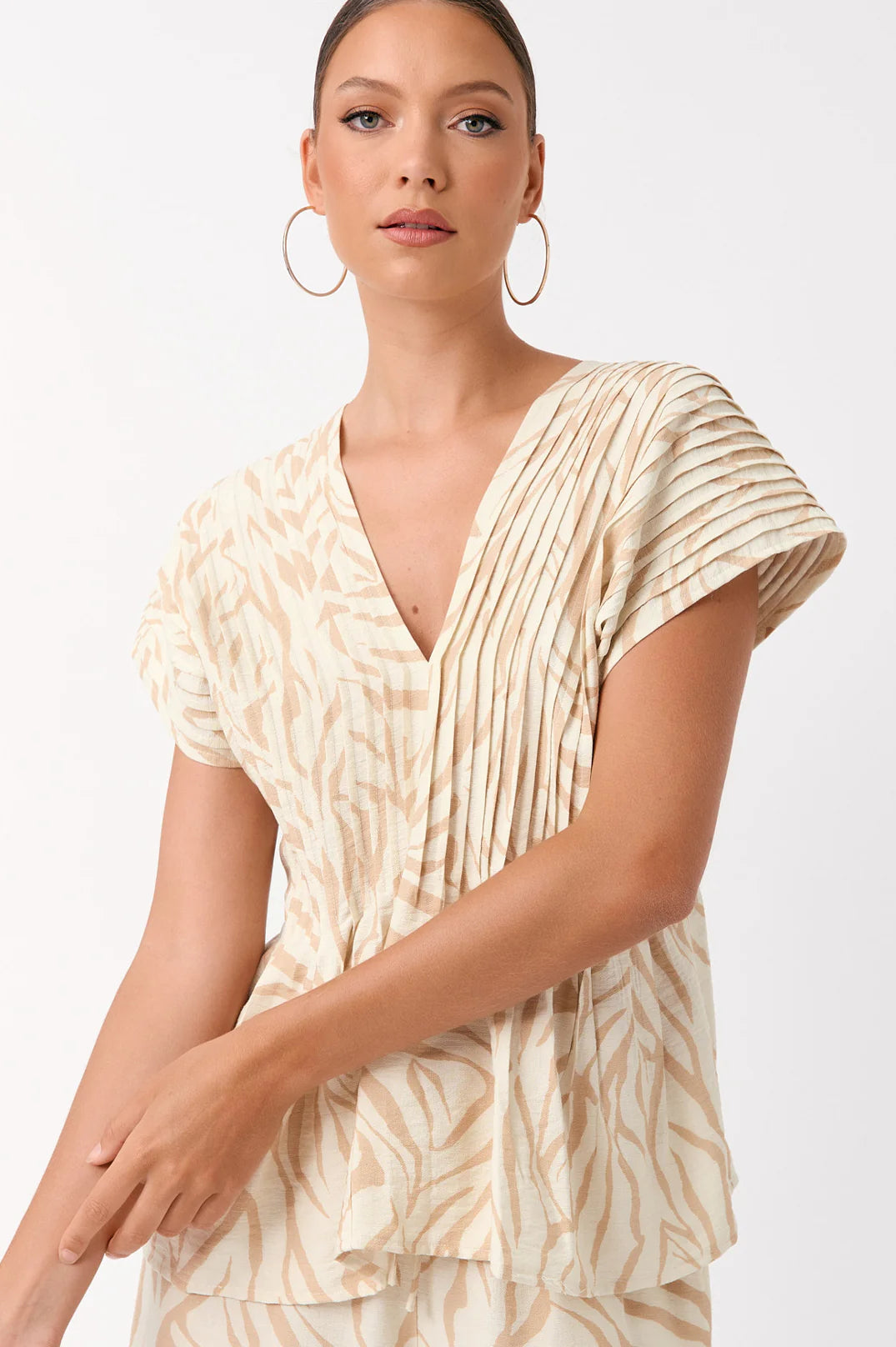 Adorne Dani Zebra Pleated Top - Camel