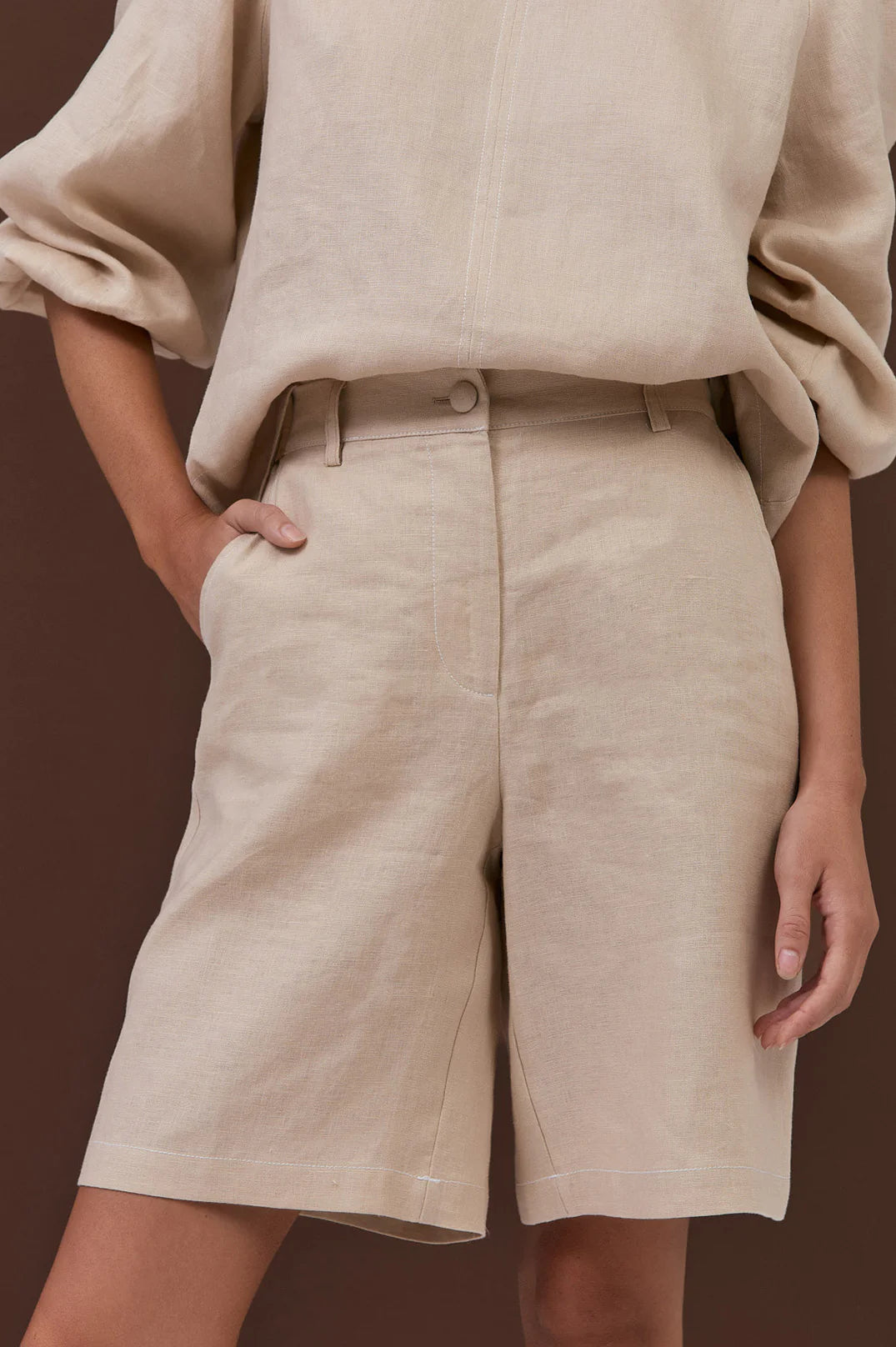 Adorne Heidi Contrast Stitch Bermuda Short - Camel