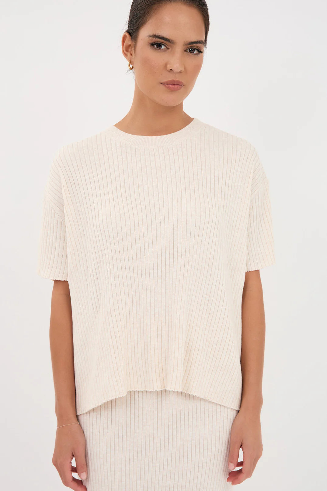 Adorne Shani Rib Knit Short Sleeve Top - Oat