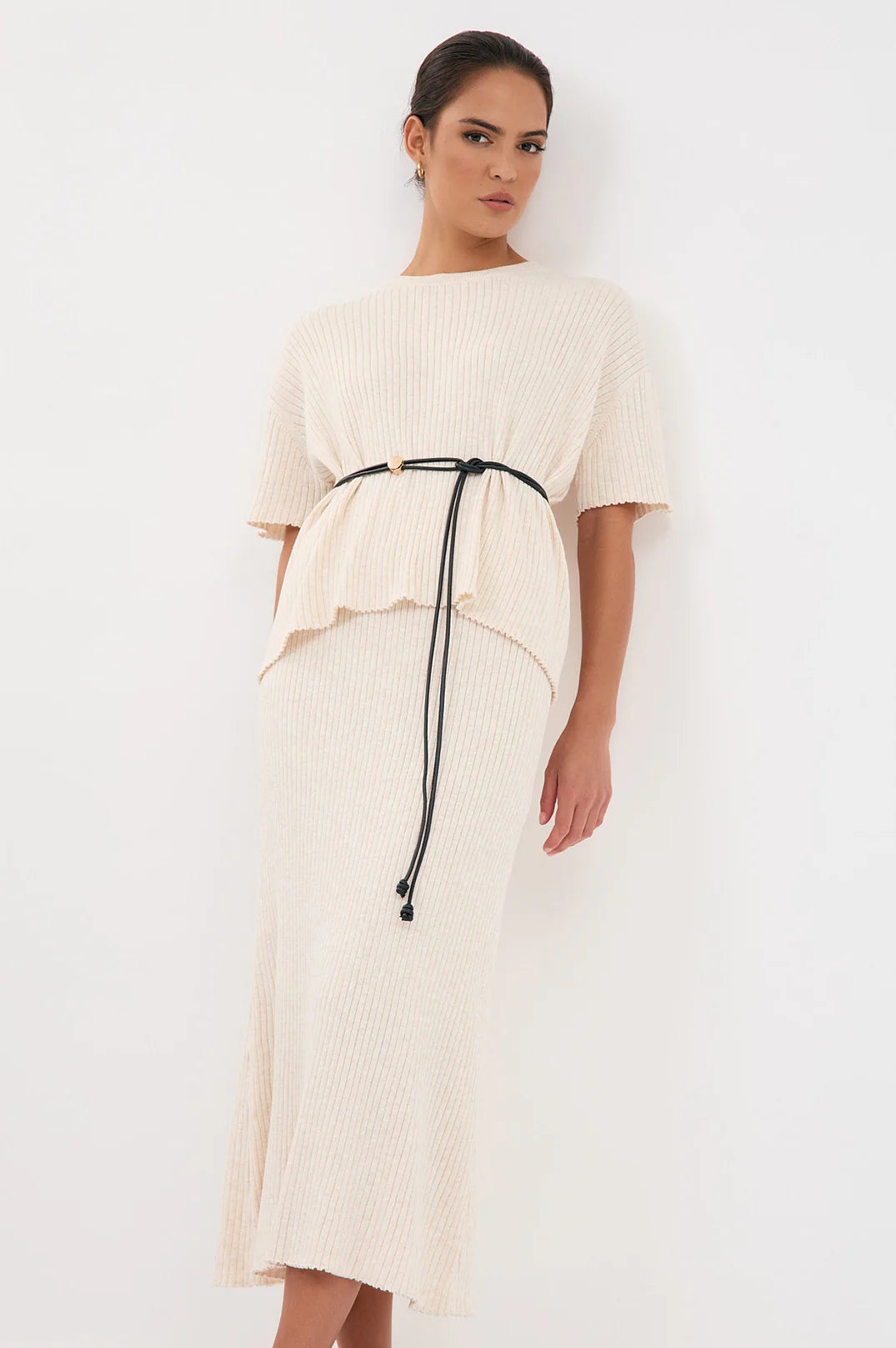 Adorne Shani Rib Knit Short Sleeve Top - Oat