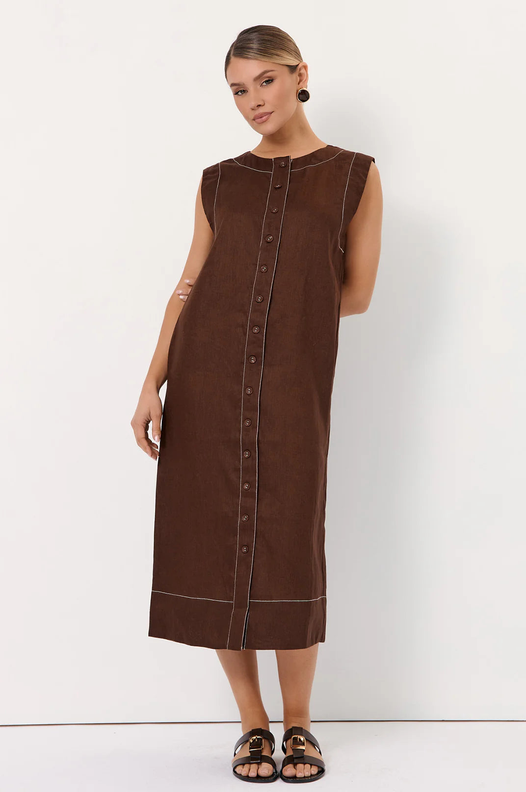 Adorne Lonnie Button Front Linen Midi Dress - Chocolate