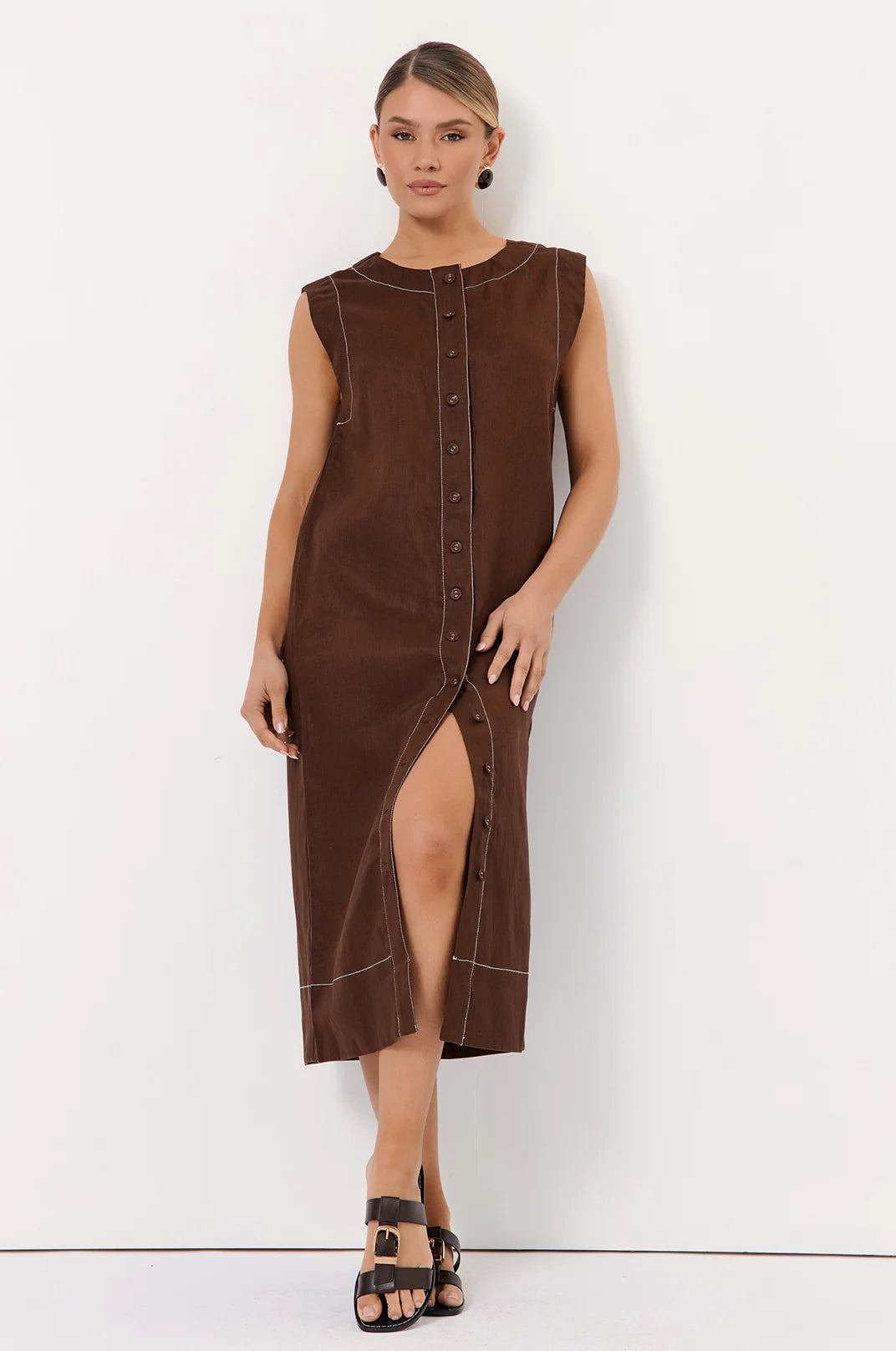 Adorne Lonnie Button Front Linen Midi Dress - Chocolate