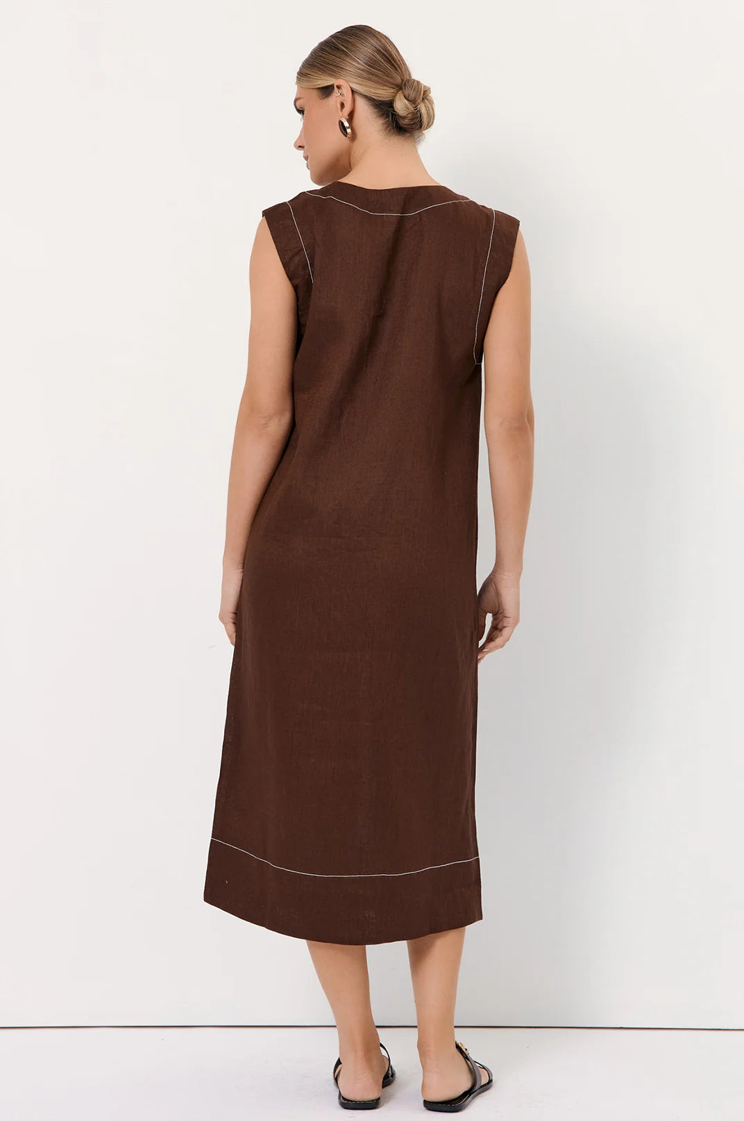 Adorne Lonnie Button Front Linen Midi Dress - Chocolate