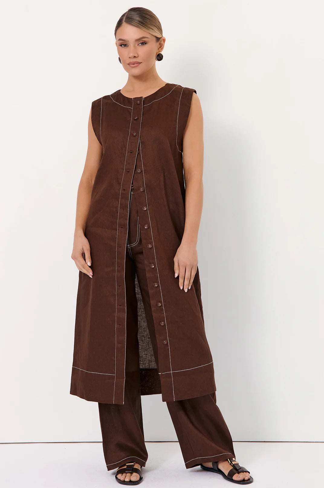 Adorne Lonnie Button Front Linen Midi Dress - Chocolate