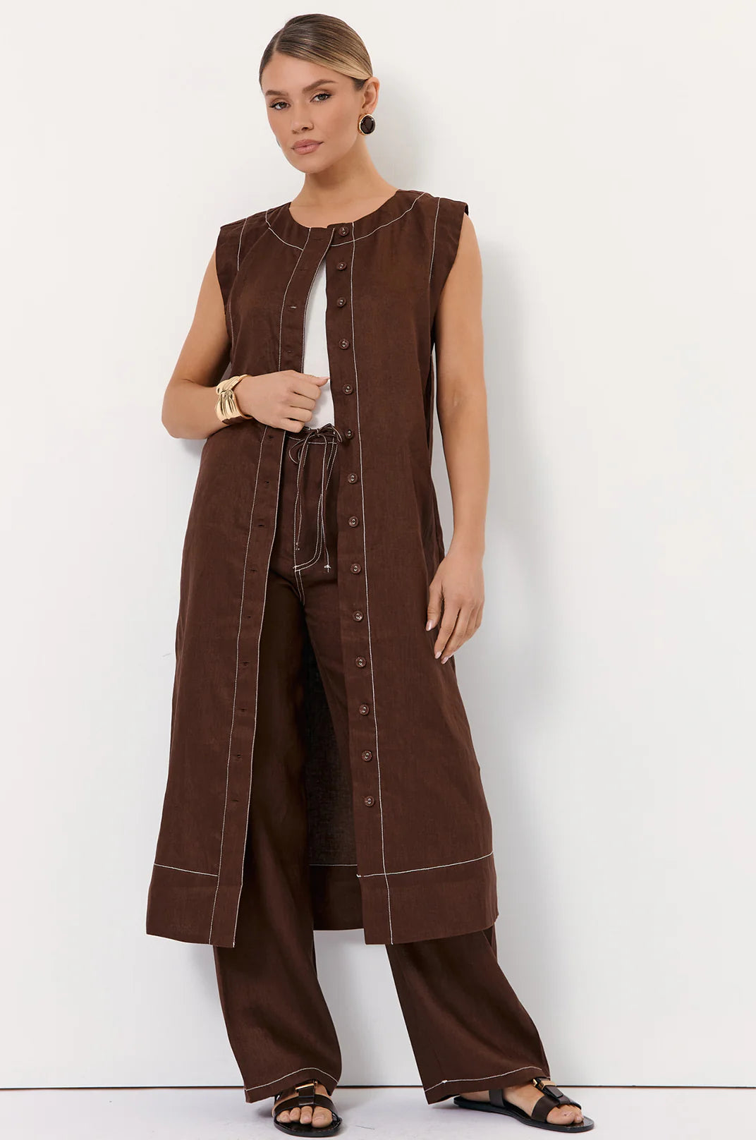 Adorne Lonnie Button Front Linen Midi Dress - Chocolate