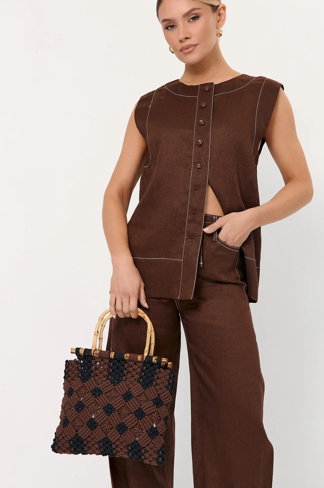 Adorne Lonnie Button Front Longline Linen Top - Chocolate