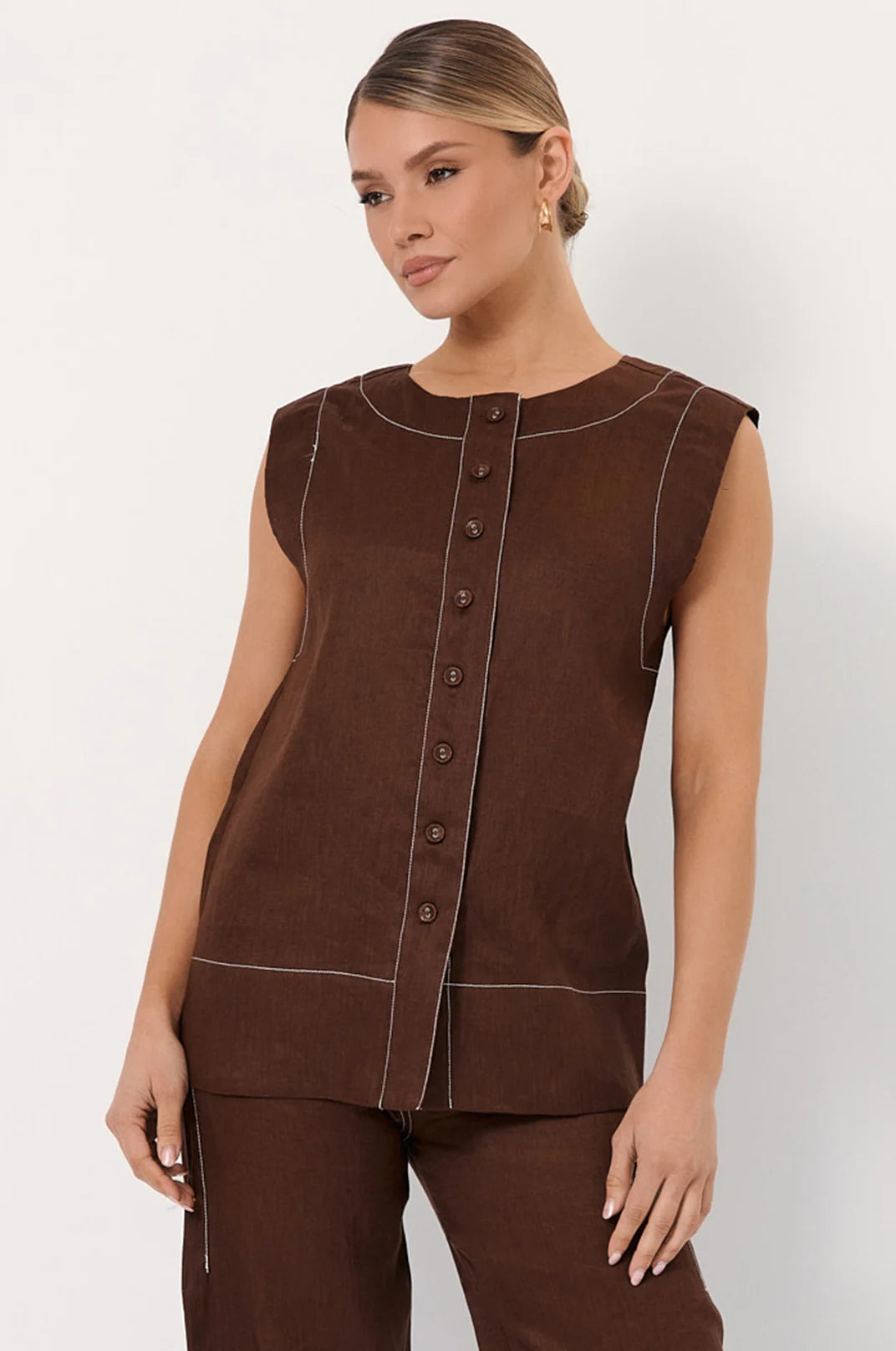 Adorne Lonnie Button Front Longline Linen Top - Chocolate