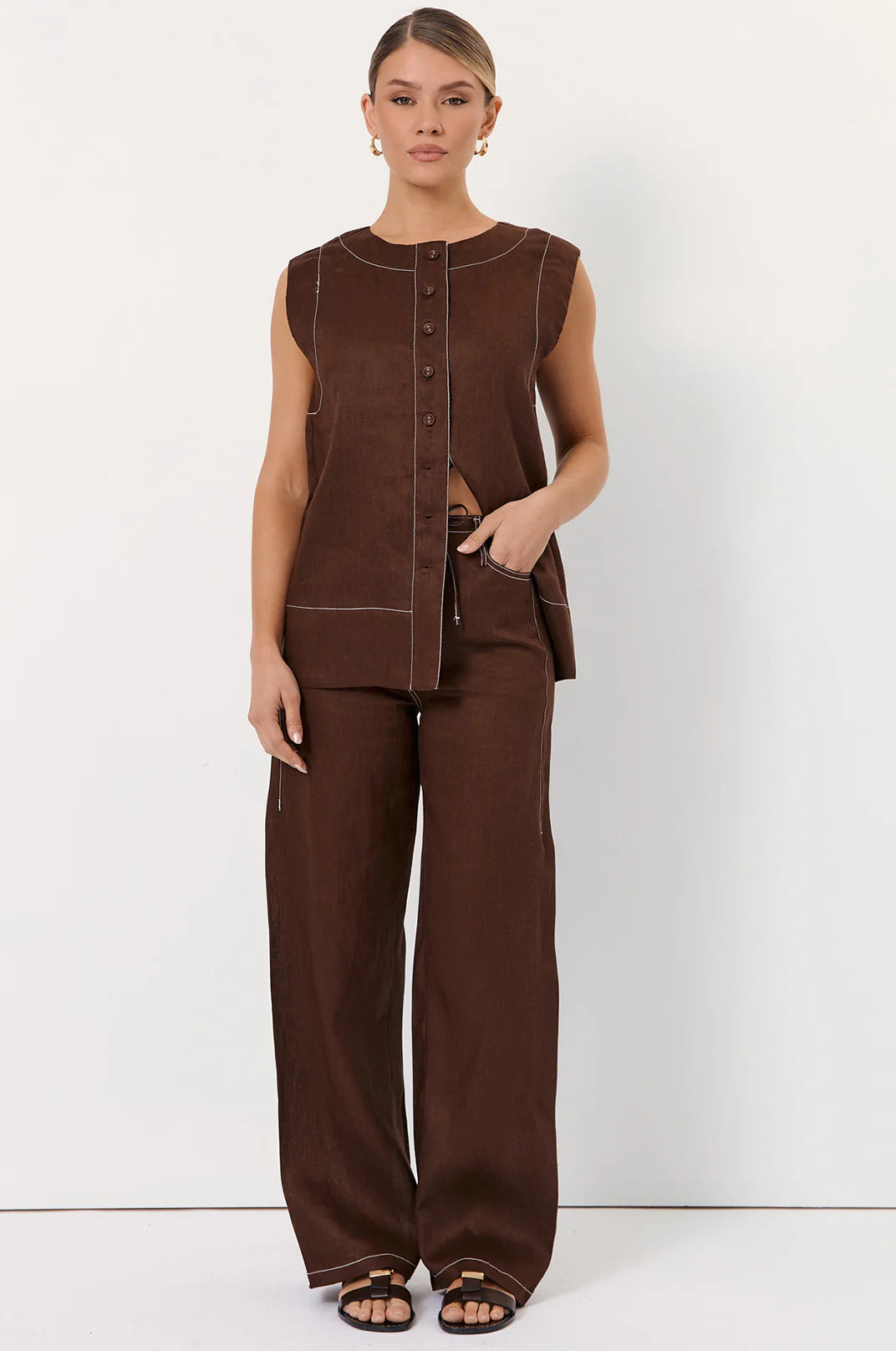 Adorne Lonnie Button Front Longline Linen Top - Chocolate