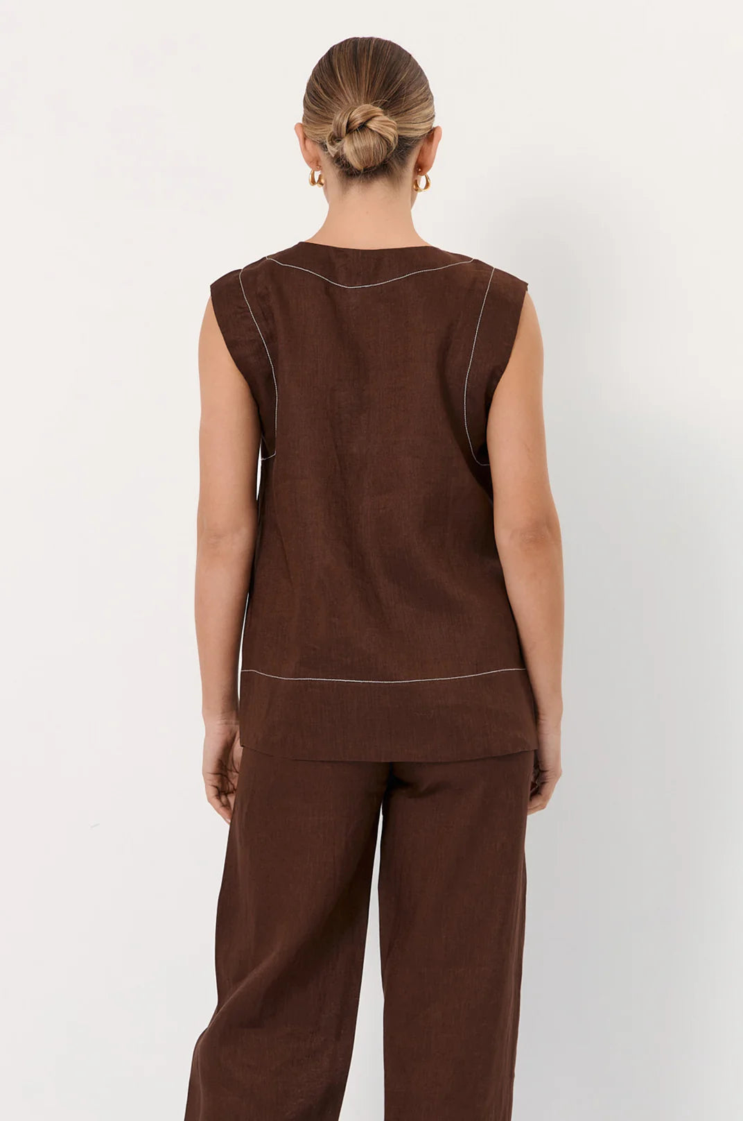 Adorne Lonnie Button Front Longline Linen Top - Chocolate