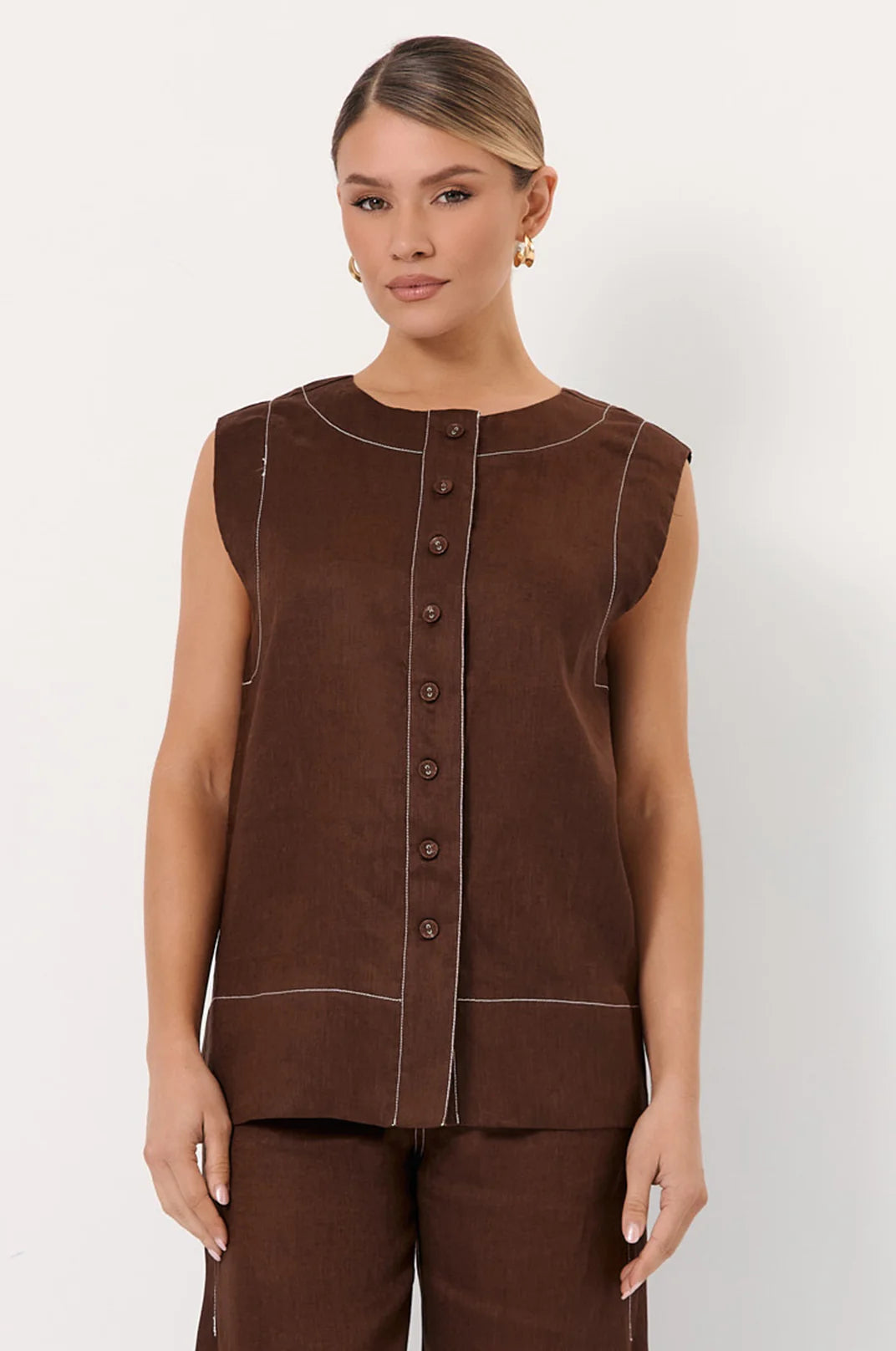 Adorne Lonnie Button Front Longline Linen Top - Chocolate