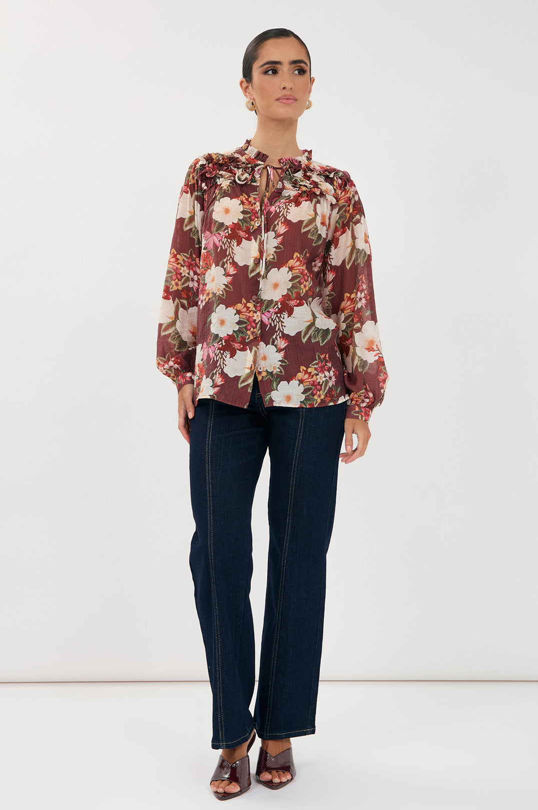 Adorne Carrie Montilla Print Frill Shirt
