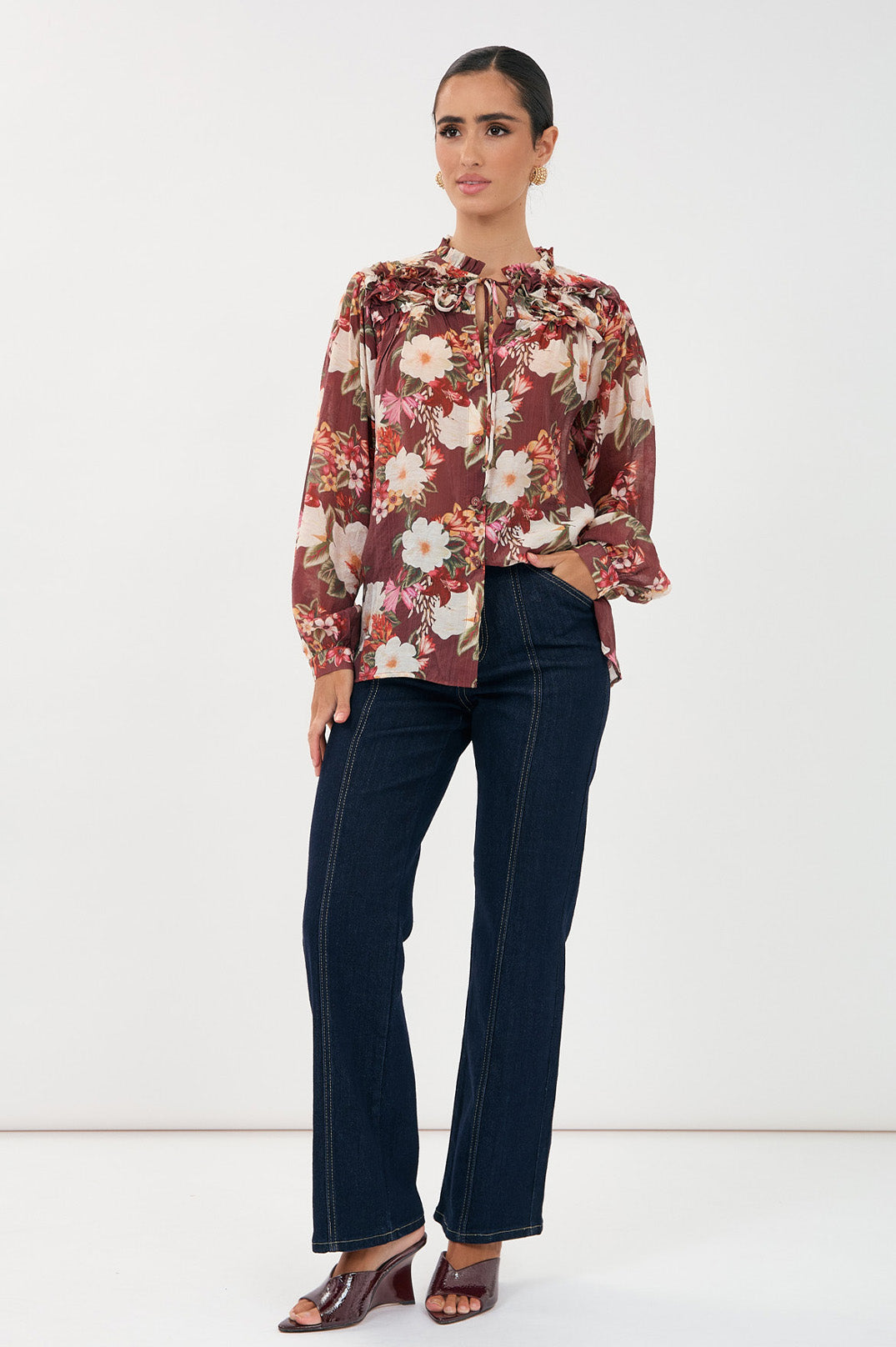 Adorne Carrie Montilla Print Frill Shirt