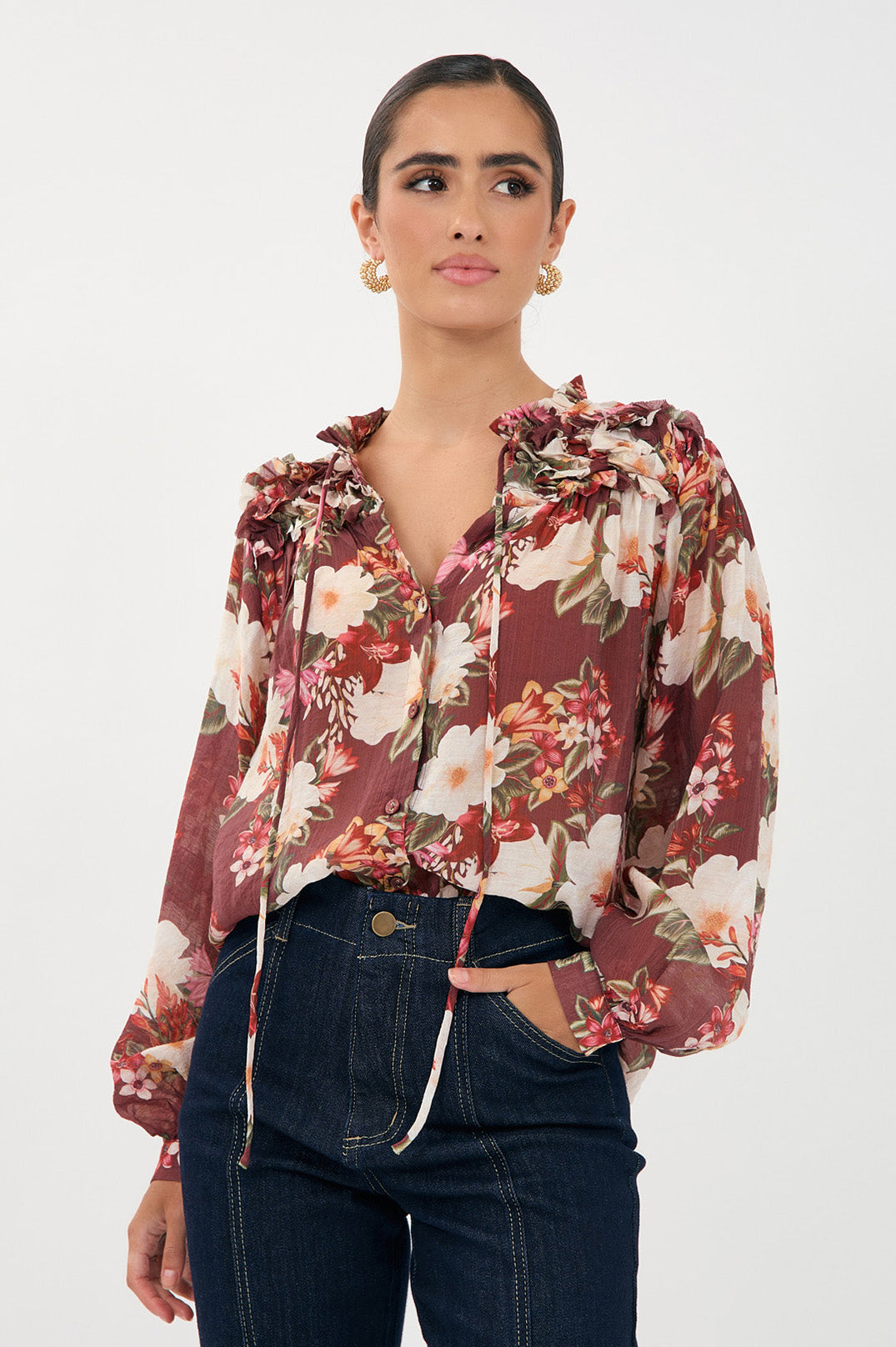 Adorne Carrie Montilla Print Frill Shirt