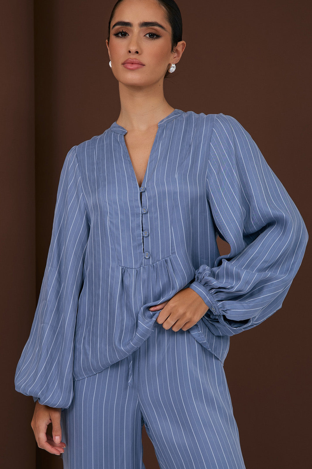 Adorne Issy Striped Cupro Top - Blue