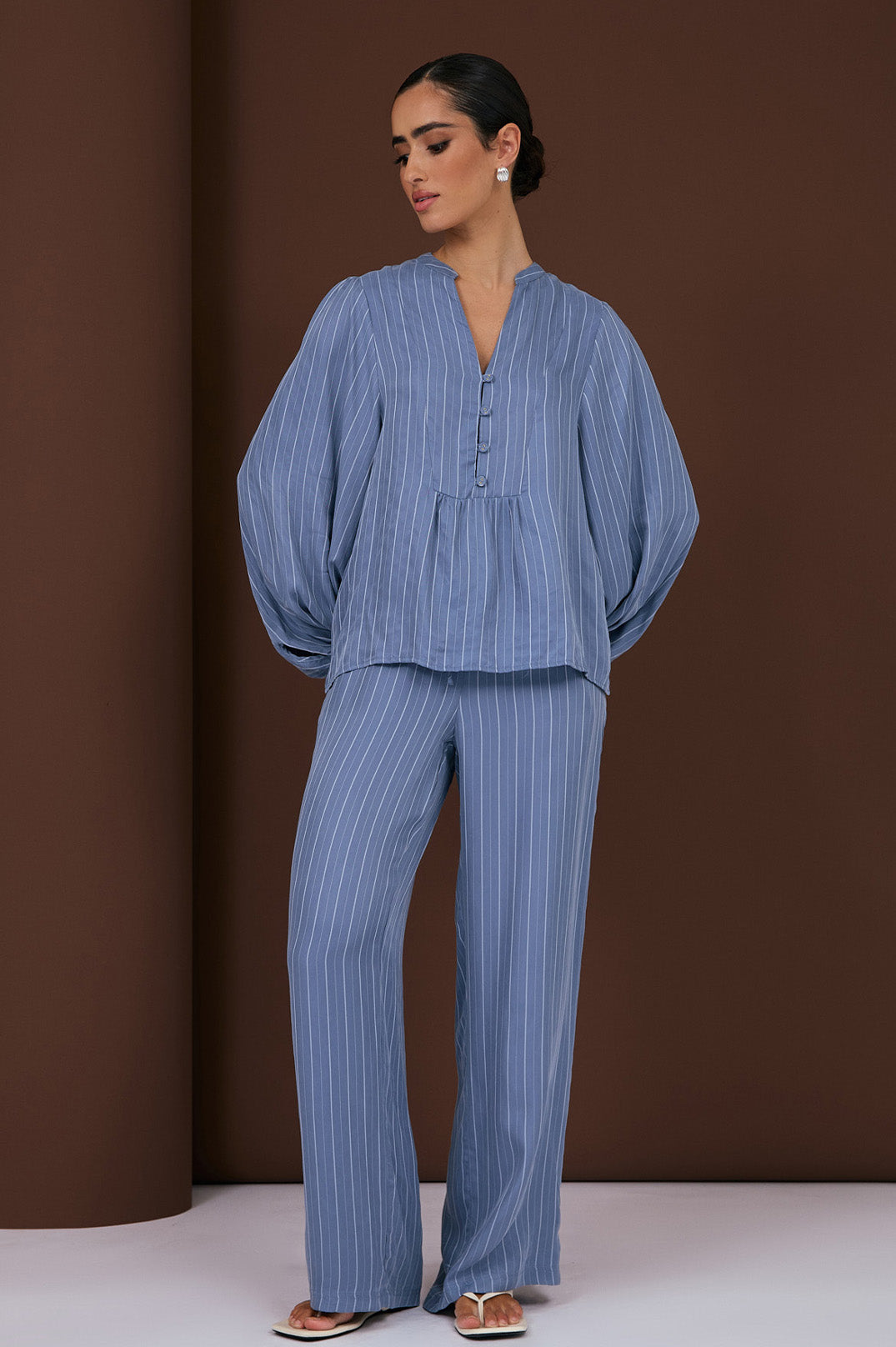 Adorne Issy Striped Cupro Top - Blue